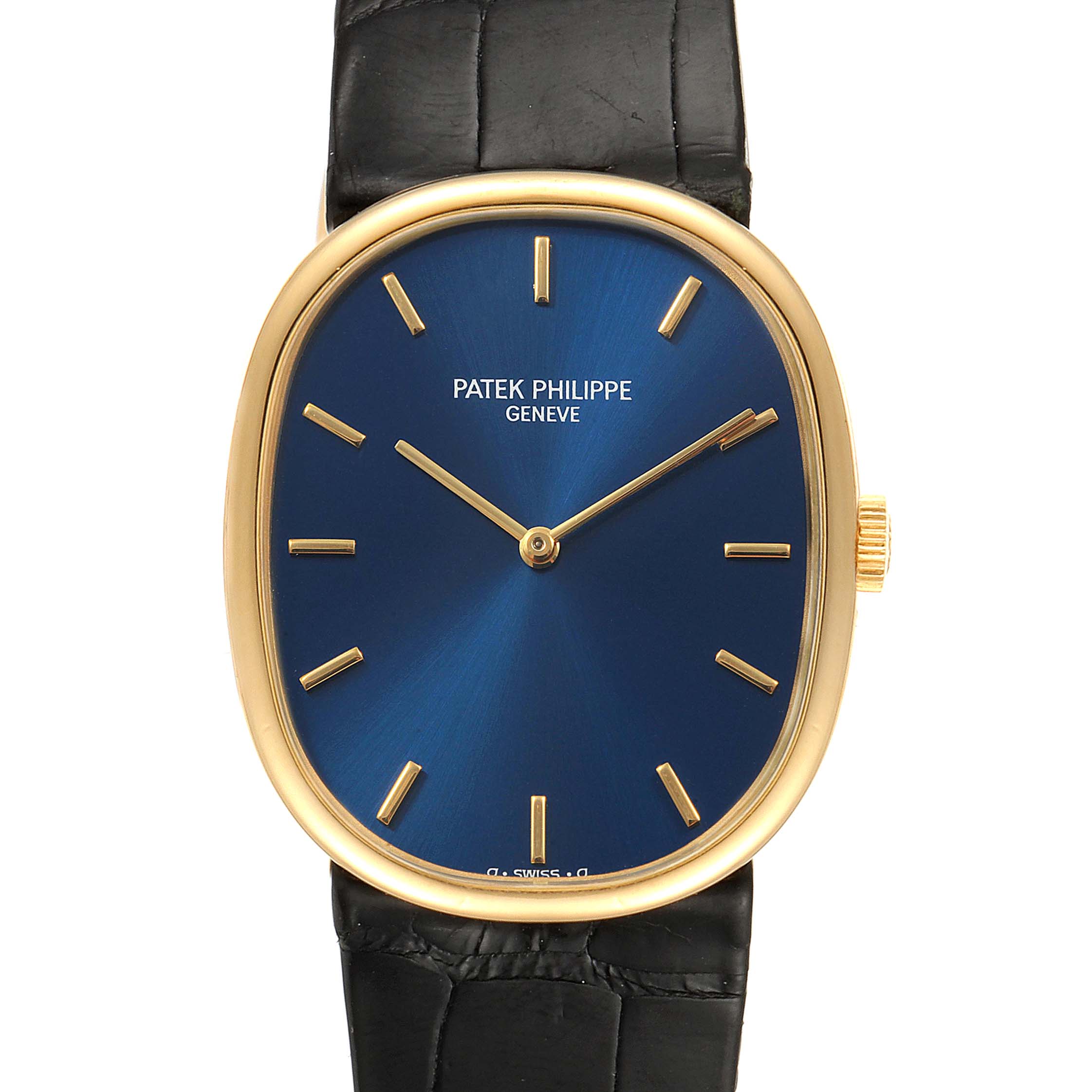 This image shows the front view of a Patek Philippe Golden Ellipse 3848 Men's Yellow Gold Blue Dial 3848 Men's Yellow Gold Blue Dial watch, highlighting its blue dial and gold case.