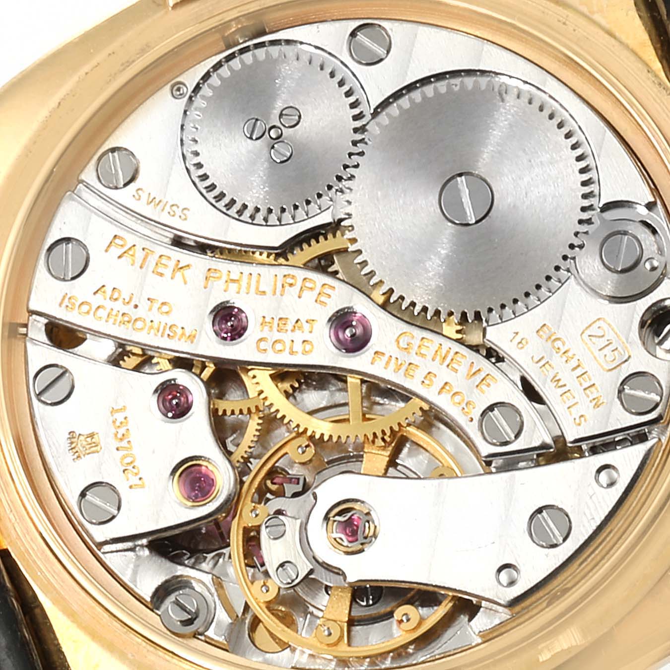 The image shows the back view of the movement and internal mechanisms of a Patek Philippe Golden Ellipse 3848 Men's Yellow Gold Blue Dial 3848 Men's Yellow Gold Blue Dial watch.