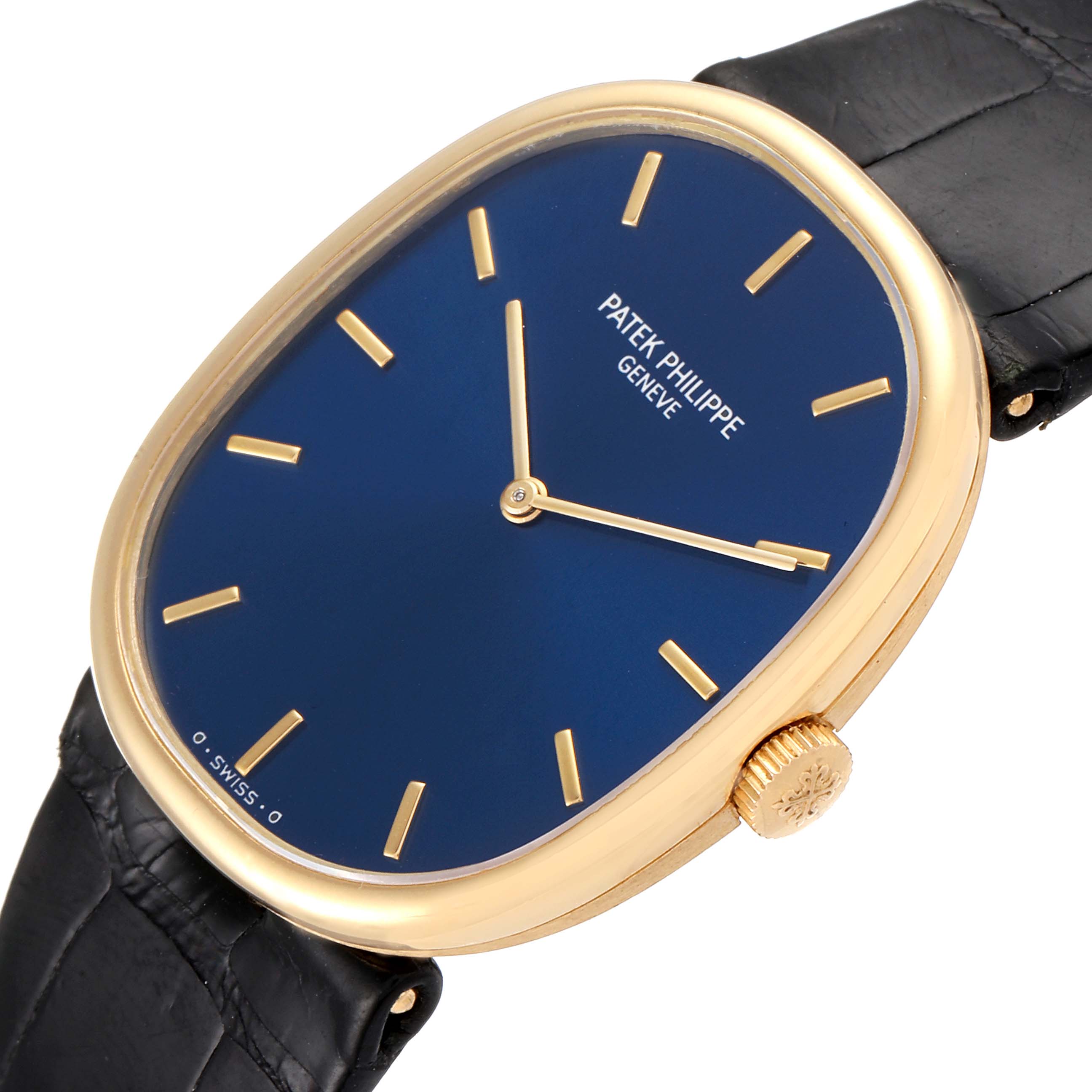 The image shows a close-up angle of the Patek Philippe Golden Ellipse 3848 Men's Yellow Gold Blue Dial 3848 Men's Yellow Gold Blue Dial watch face and crown, with part of the strap visible.