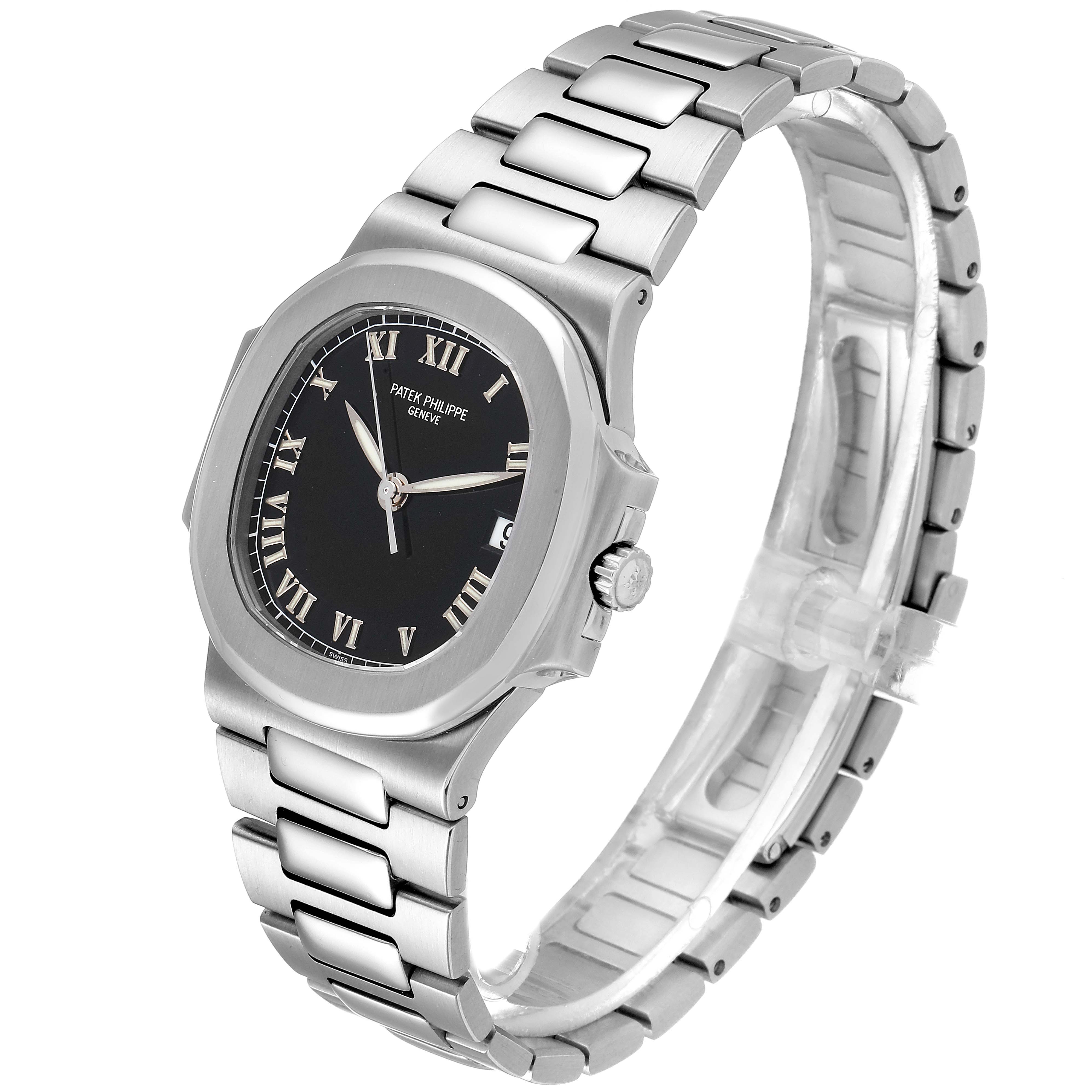 This Patek Philippe Nautilus 3800/1 Men's Stainless Steel Black Dial 3800/1 Men's Stainless Steel Black Dial watch is shown at an angle highlighting its right side, dial, and bracelet.