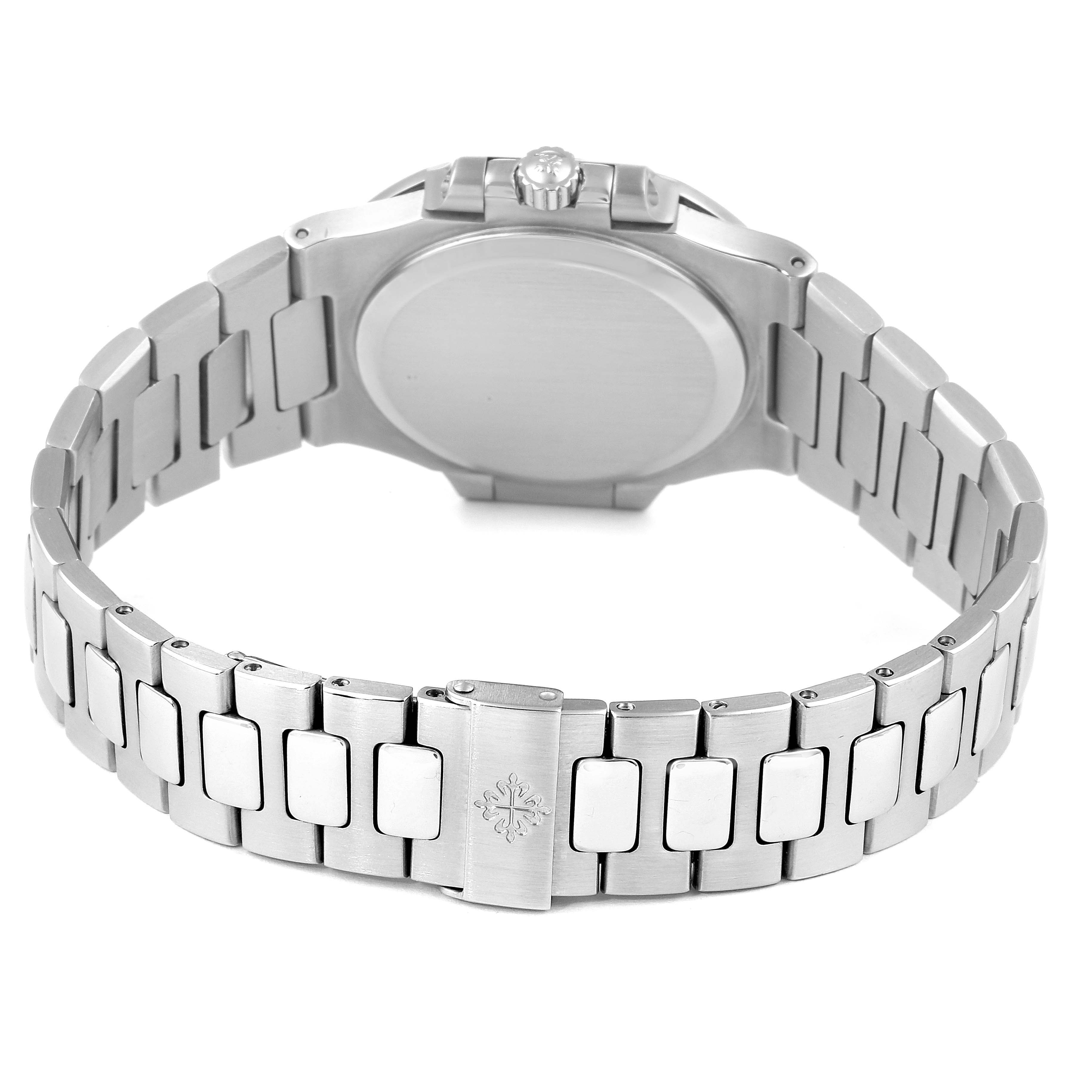 The image shows the back side of a Patek Philippe Nautilus 3800/1 Men's Stainless Steel Black Dial 3800/1 Men's Stainless Steel Black Dial watch, highlighting its stainless steel bracelet and clasp.