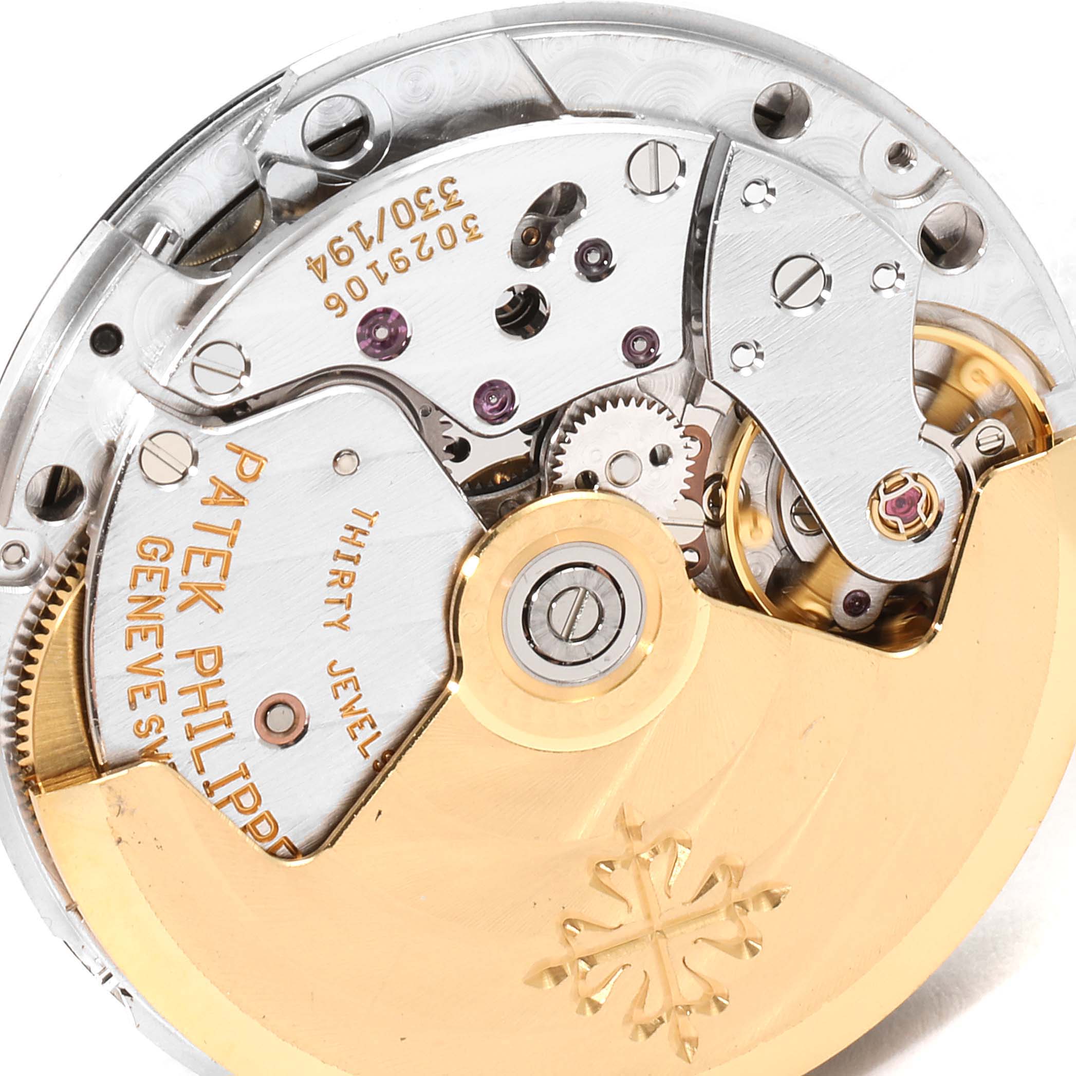 This image shows the intricate movement (caliber) of the Nautilus watch by Patek Philippe, viewed from the back.