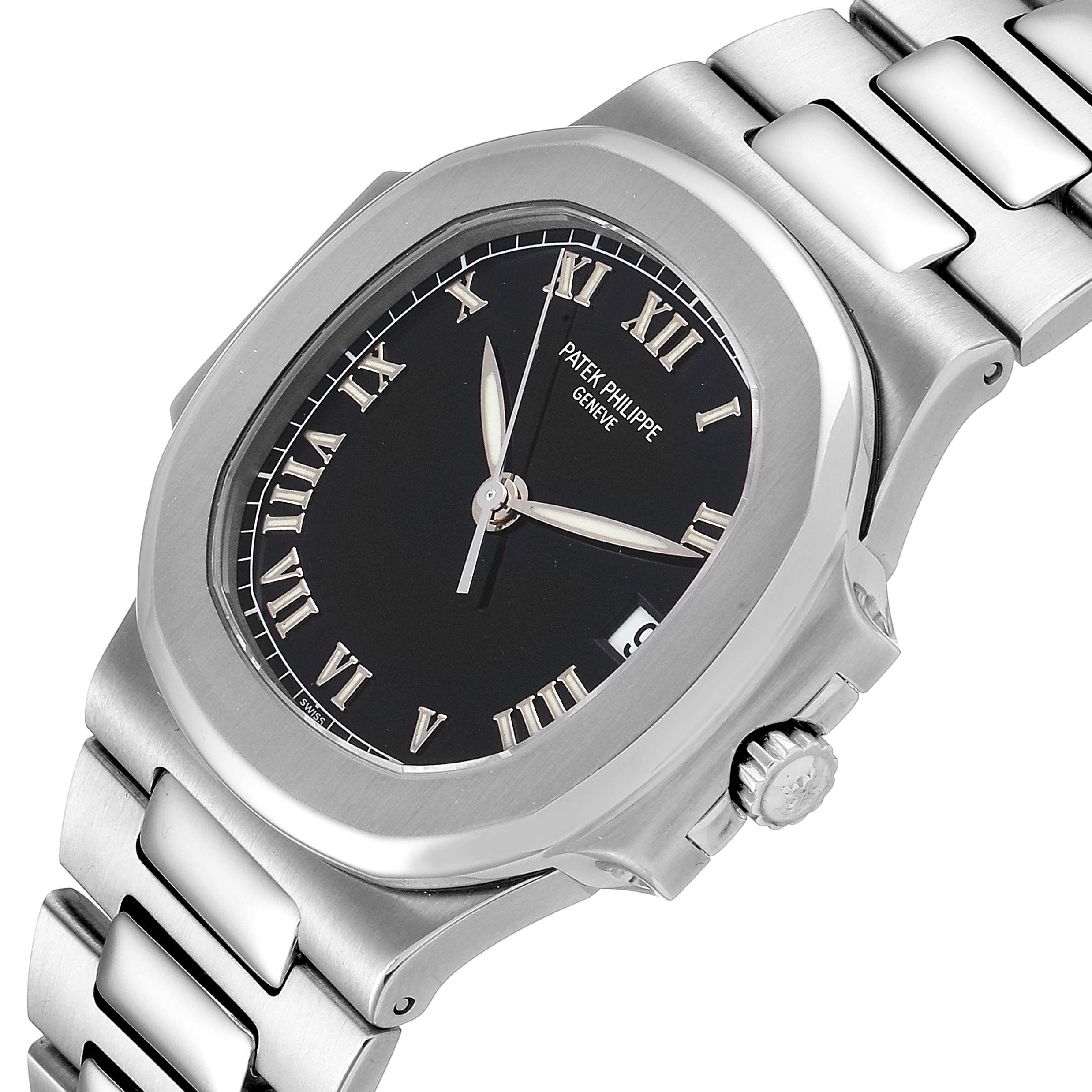 The image shows a close-up angled view of a Patek Philippe Nautilus 3800/1 Men's Stainless Steel Black Dial 3800/1 Men's Stainless Steel Black Dial watch, displaying the dial, bezel, crown, and bracelet.