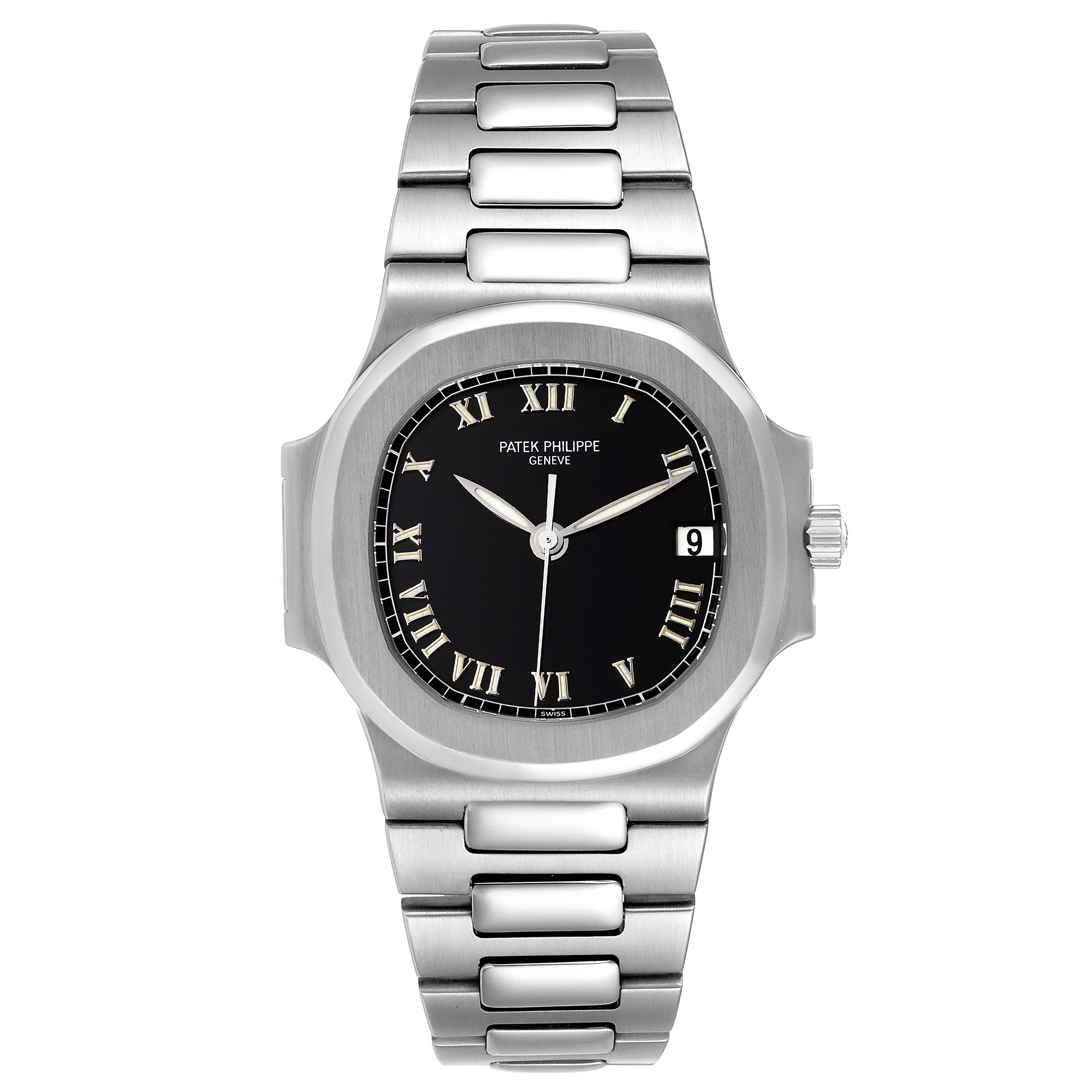 This image shows a front view of a Patek Philippe Nautilus 3800/1 Men's Stainless Steel Black Dial 3800/1 Men's Stainless Steel Black Dial watch with a black Roman numeral dial and stainless steel bracelet.