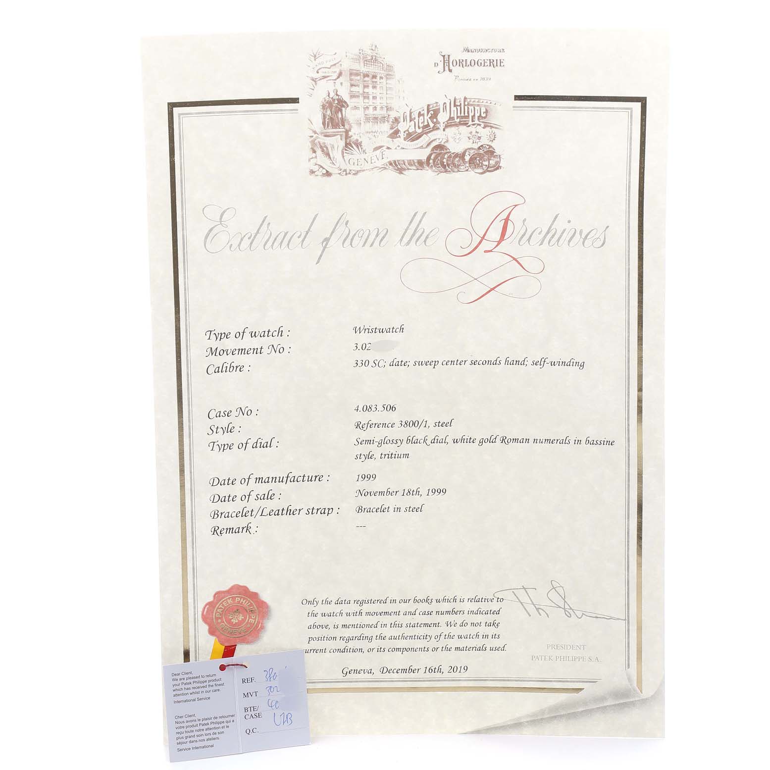 The image shows a certificate for a Patek Philippe Nautilus 3800/1 Men's Stainless Steel Black Dial 3800/1 Men's Stainless Steel Black Dial watch, detailing its specifications and authenticity.