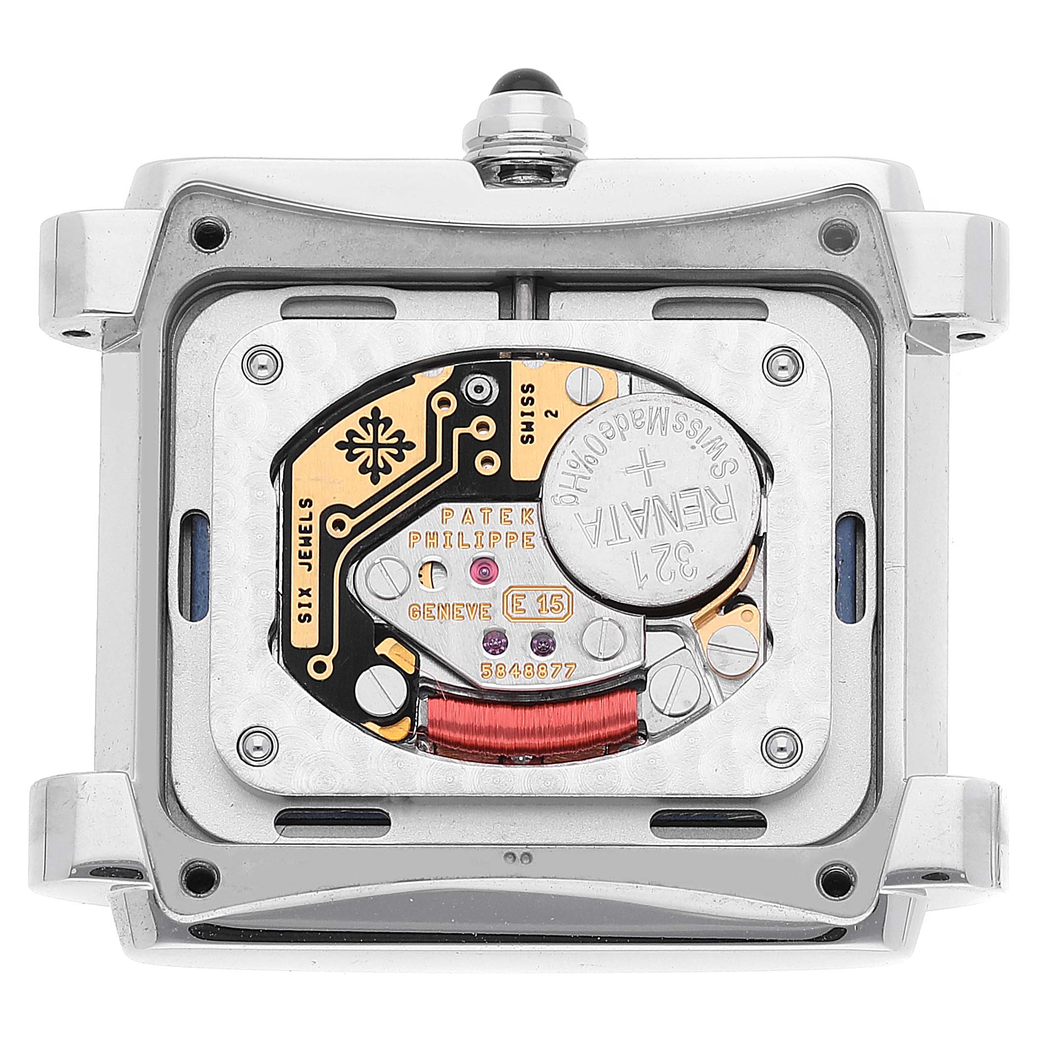 This image shows the back view of the Patek Philippe Twenty-4 4910/10A-012 Women's Stainless Steel Blue Dial 4910/10A-012 Women's Stainless Steel Blue Dial's internal movement and battery compartment.