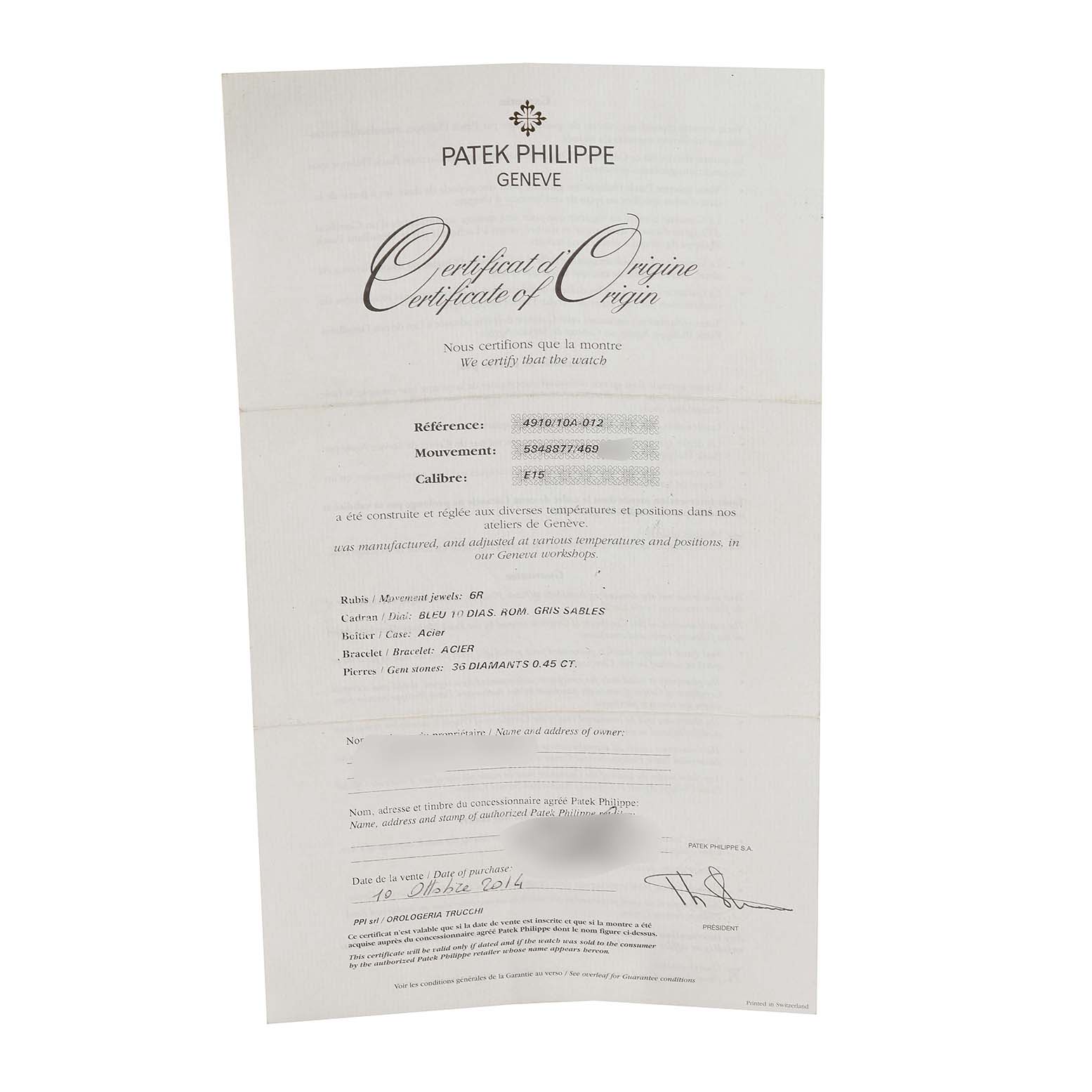 The image shows the Certificate of Origin for a Patek Philippe Twenty-4 4910/10A-012 Women's Stainless Steel Blue Dial 4910/10A-012 Women's Stainless Steel Blue Dial model watch.