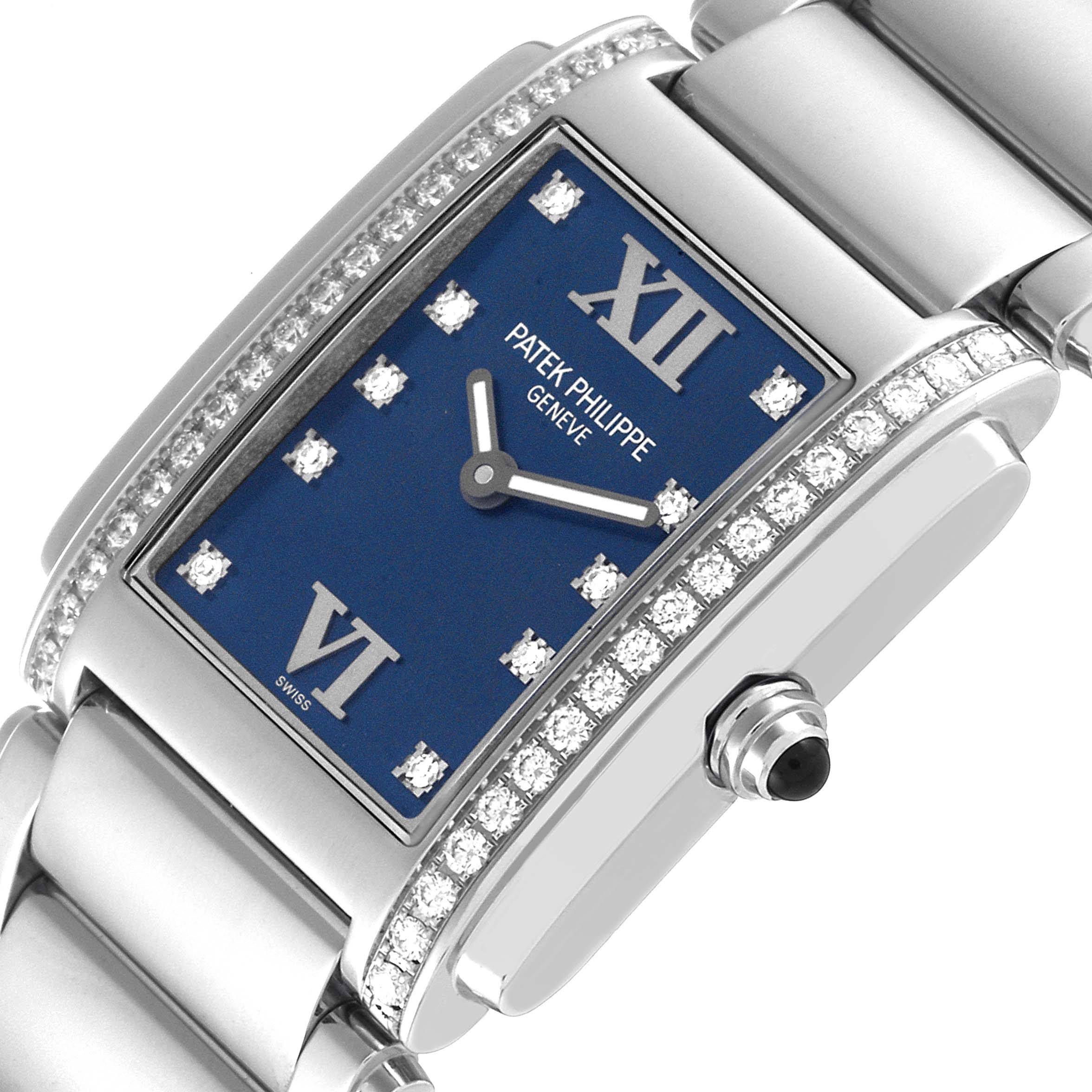 This image shows a close-up angled view of the Patek Philippe Twenty-4 4910/10A-012 Women's Stainless Steel Blue Dial 4910/10A-012 Women's Stainless Steel Blue Dial watch, highlighting its blue dial, diamond-set bezel, and bracelet.