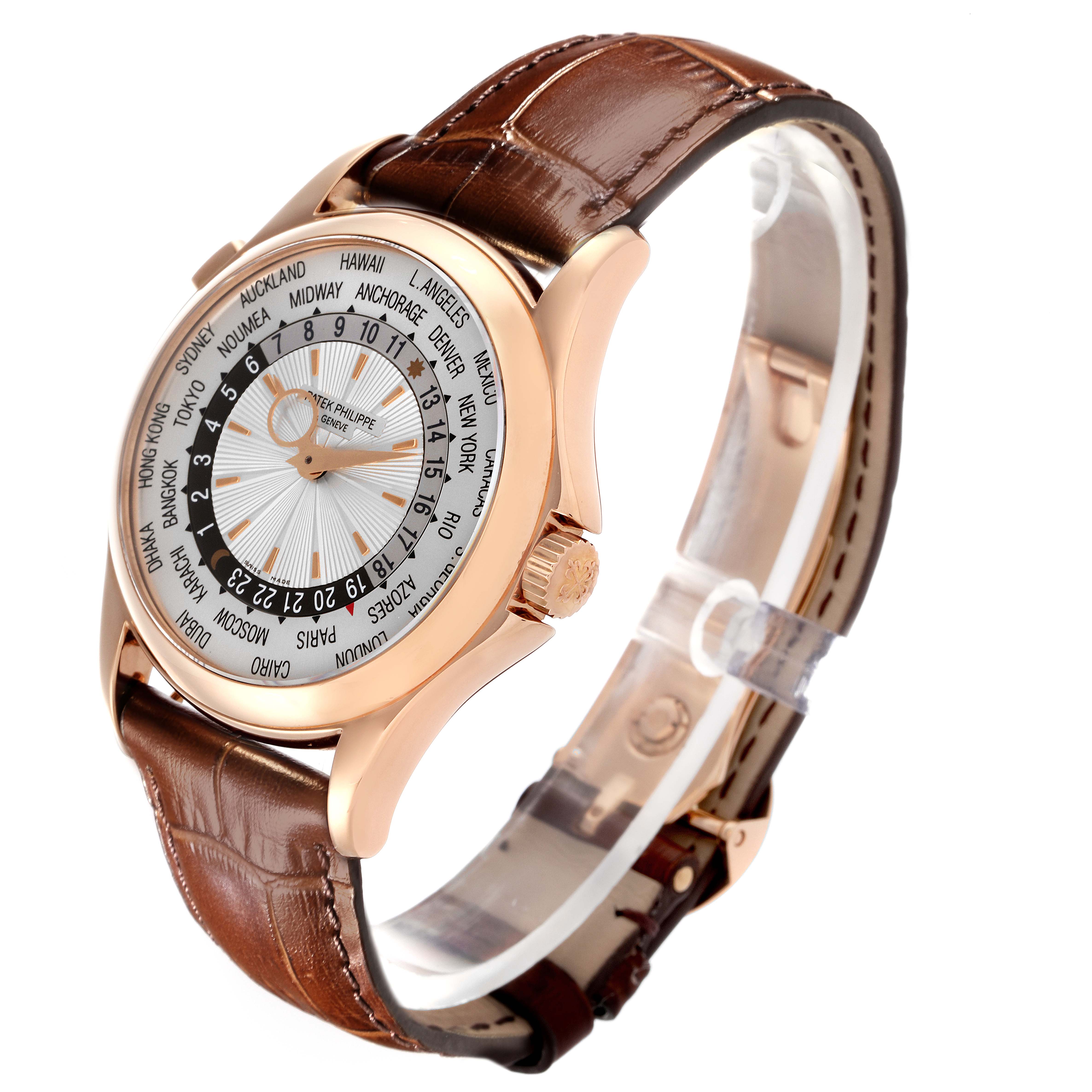 The Patek Philippe Complications 5130R-018 Men
s Rose Gold Silver Dial 5130R-018 Men
s Rose Gold Silver Dial watch is shown at a three-quarter angle, highlighting the face, crown, and leather strap.