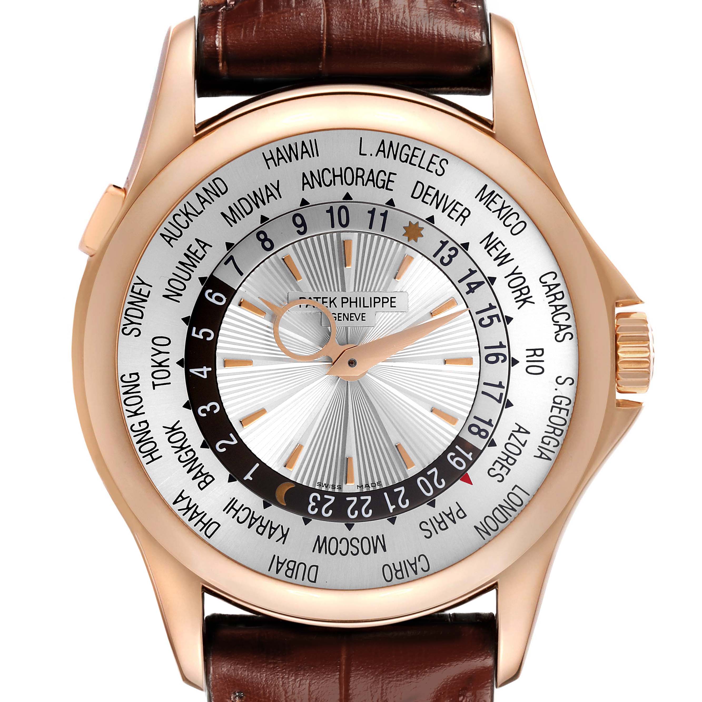 The Patek Philippe Complications 5130R-018 Men
s Rose Gold Silver Dial 5130R-018 Men
s Rose Gold Silver Dial watch is shown from the front, highlighting its world time dial and rose gold casing.