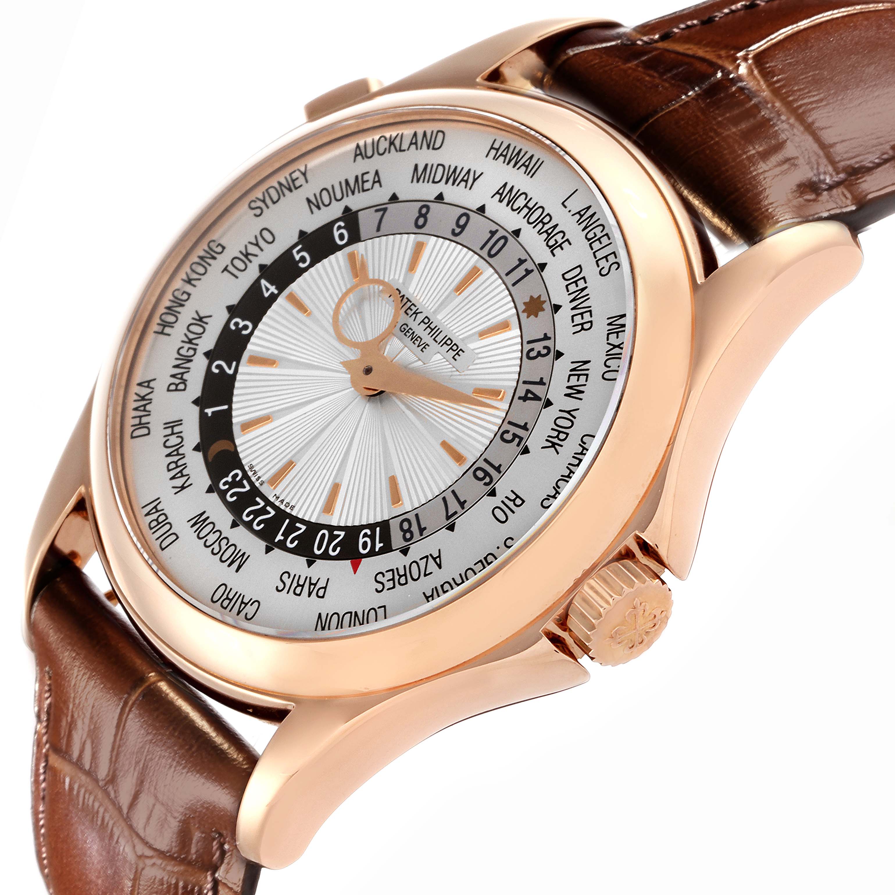 The Patek Philippe Complications 5130R-018 Men
s Rose Gold Silver Dial 5130R-018 Men
s Rose Gold Silver Dial watch is shown at an angled side view, displaying the dial, bezel, crown, and leather strap.