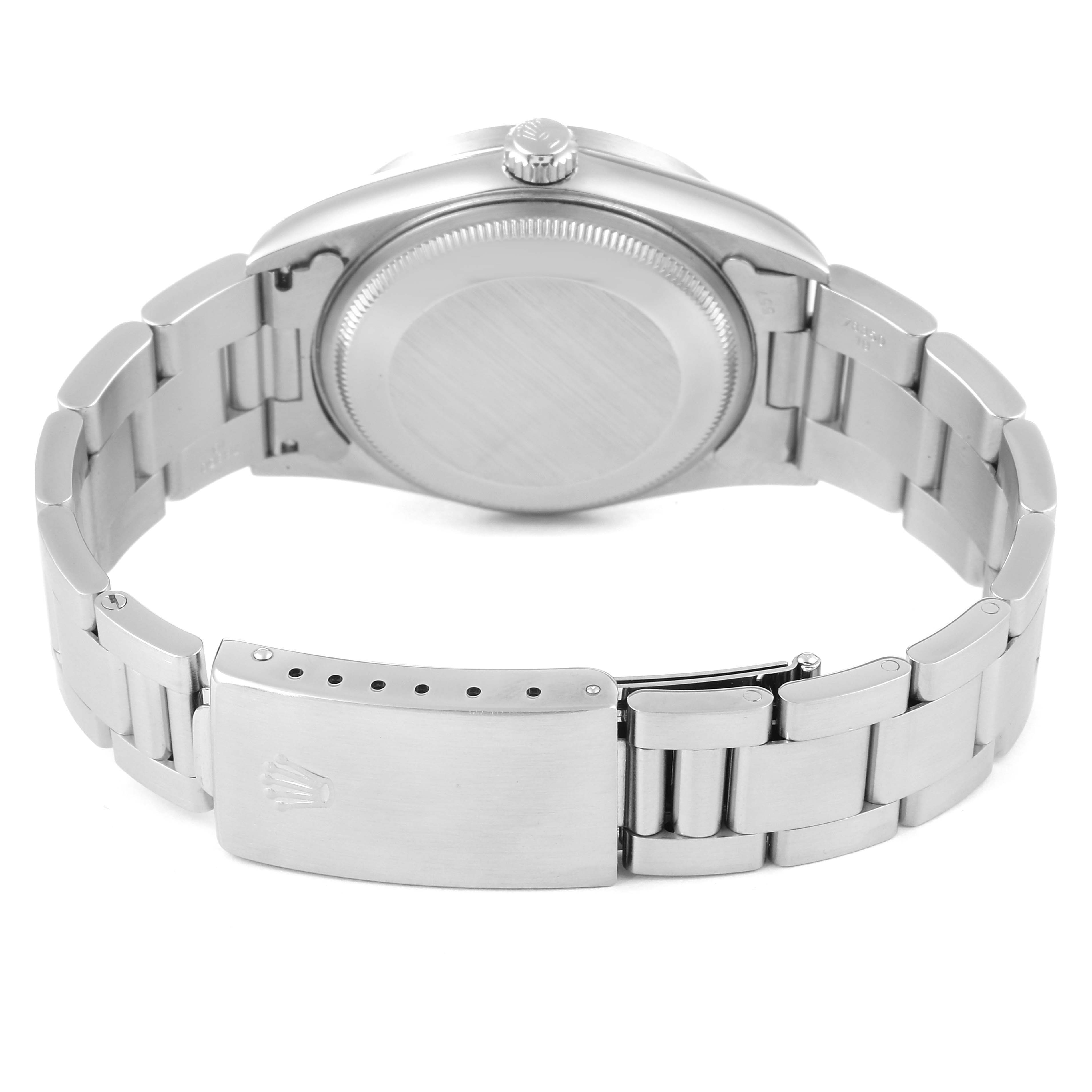 This image shows the back view of the Rolex Air-King 14010 Men's Stainless Steel Black Dial 14010 Men's Stainless Steel Black Dial watch, highlighting the case back, crown, and bracelet with clasp.