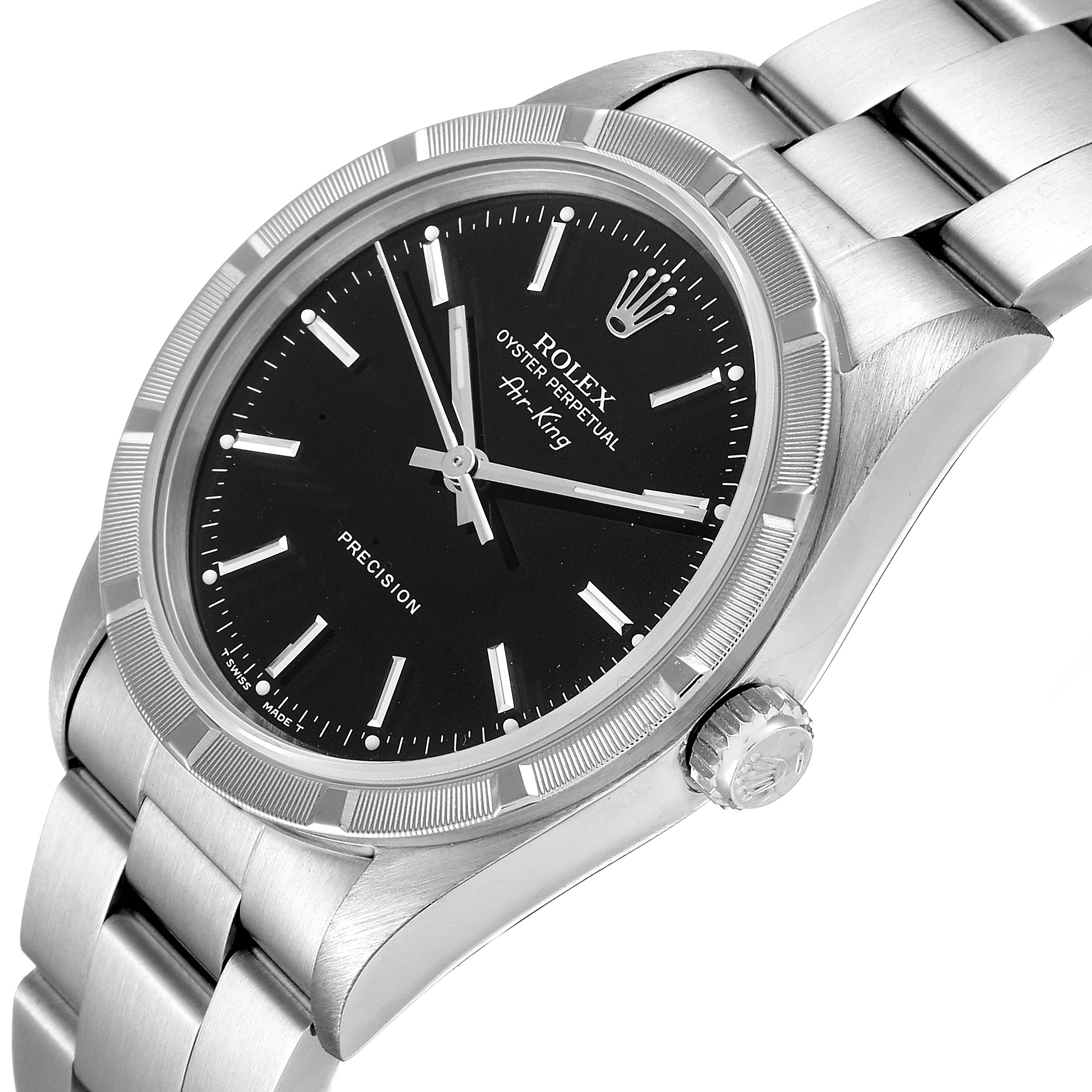 The image shows a close-up angled view of a Rolex Air-King 14010 Men's Stainless Steel Black Dial 14010 Men's Stainless Steel Black Dial watch, highlighting the dial, bezel, and part of the bracelet.