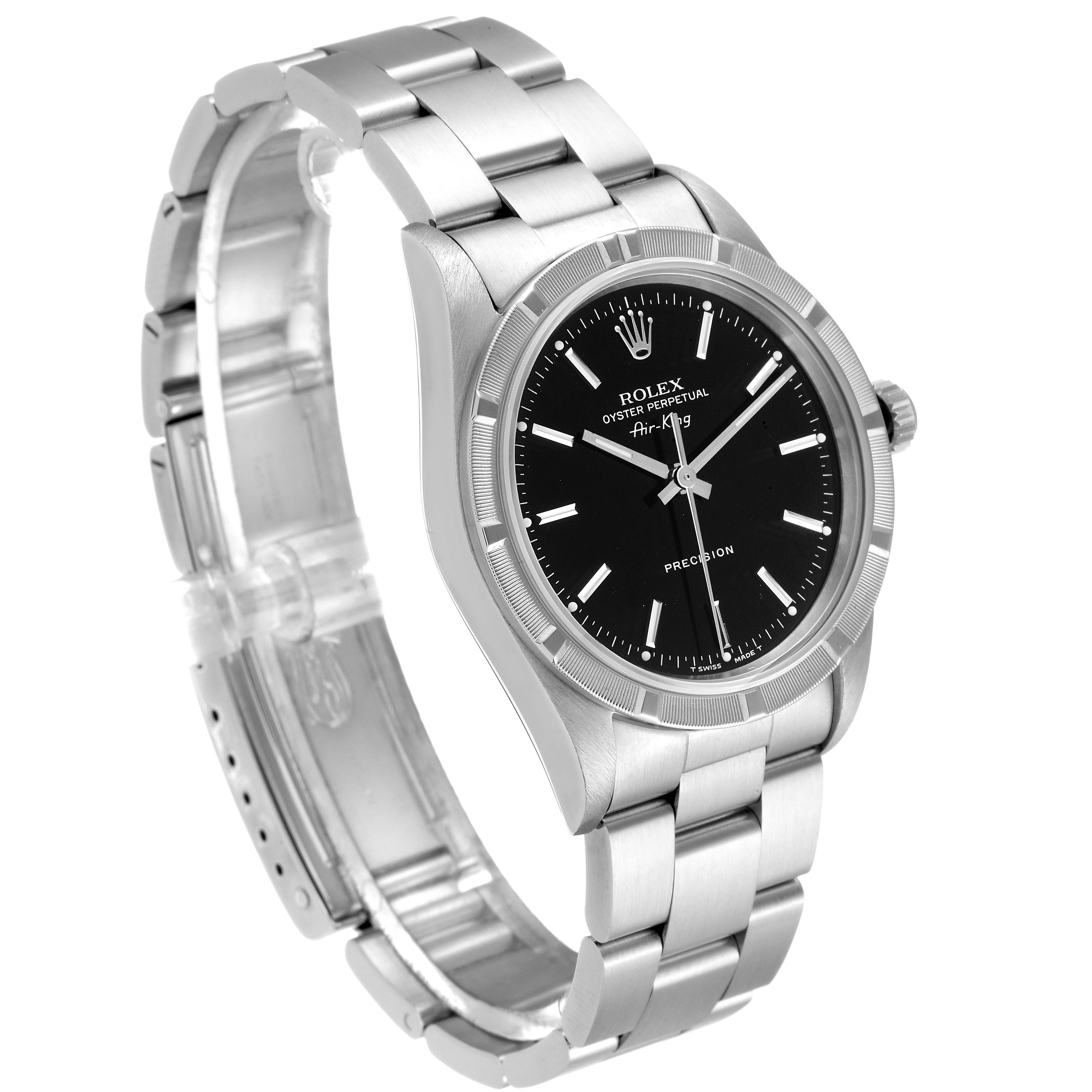 This image shows a Rolex Air-King 14010 Men's Stainless Steel Black Dial 14010 Men's Stainless Steel Black Dial watch at a slight angle, highlighting the bracelet, bezel, and dial.