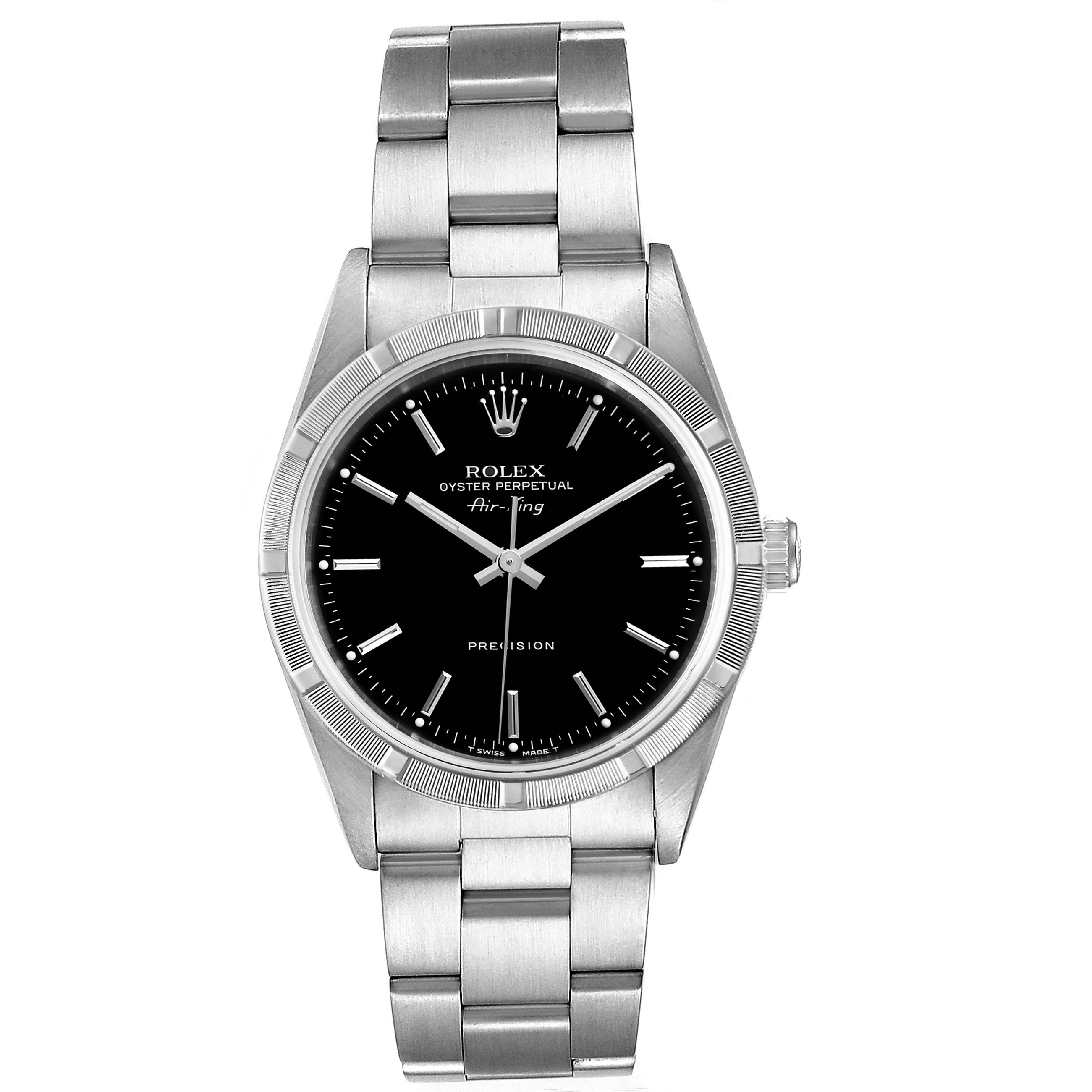 This Rolex Air-King 14010 Men's Stainless Steel Black Dial 14010 Men's Stainless Steel Black Dial watch is shown from a front angle, displaying the face and stainless steel bracelet.