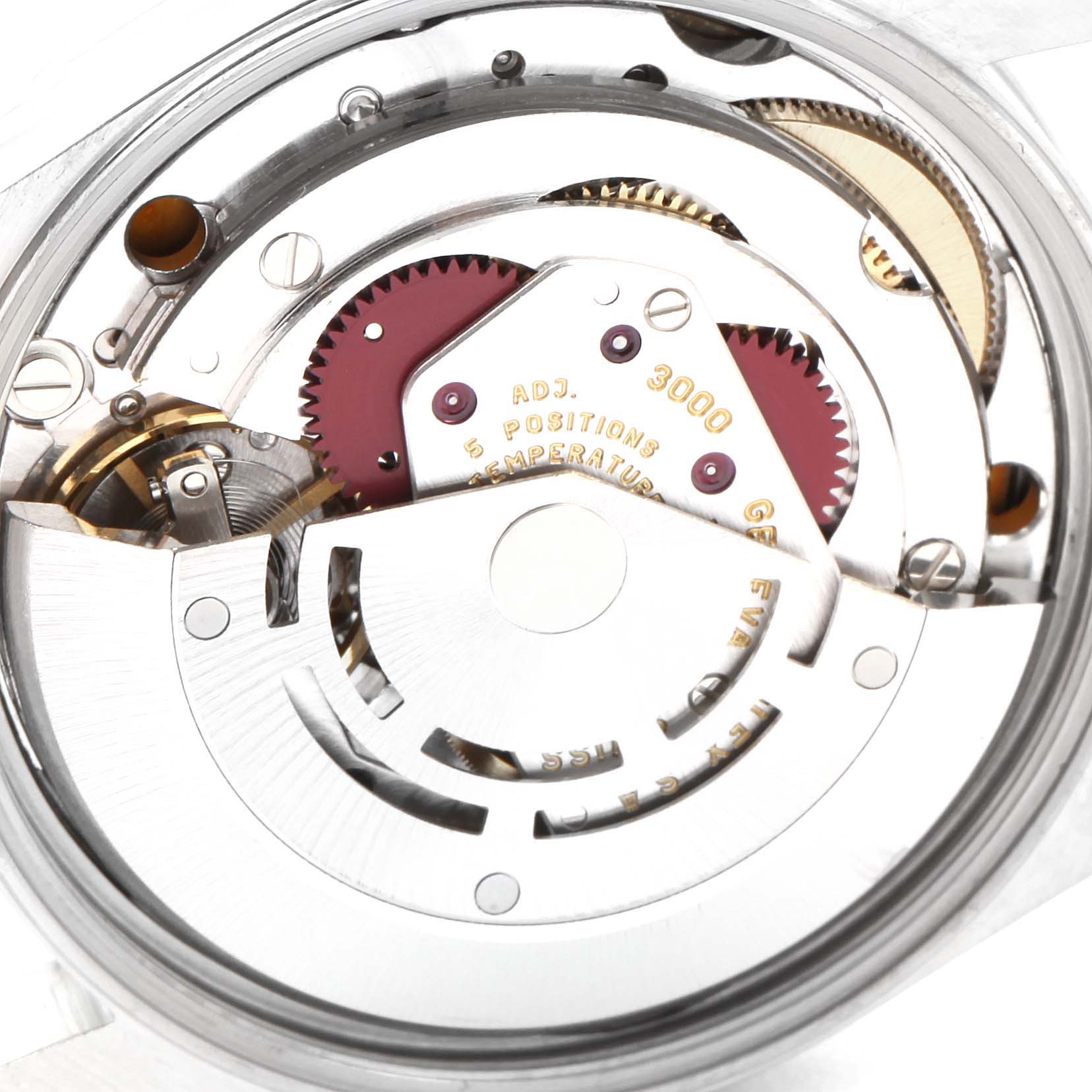 The image shows the internal mechanical movement of a Rolex Air-King 14000 Men's Stainless Steel Blue Dial 14000 Men's Stainless Steel Blue Dial watch, viewed from the back, highlighting the gears and adjustments.