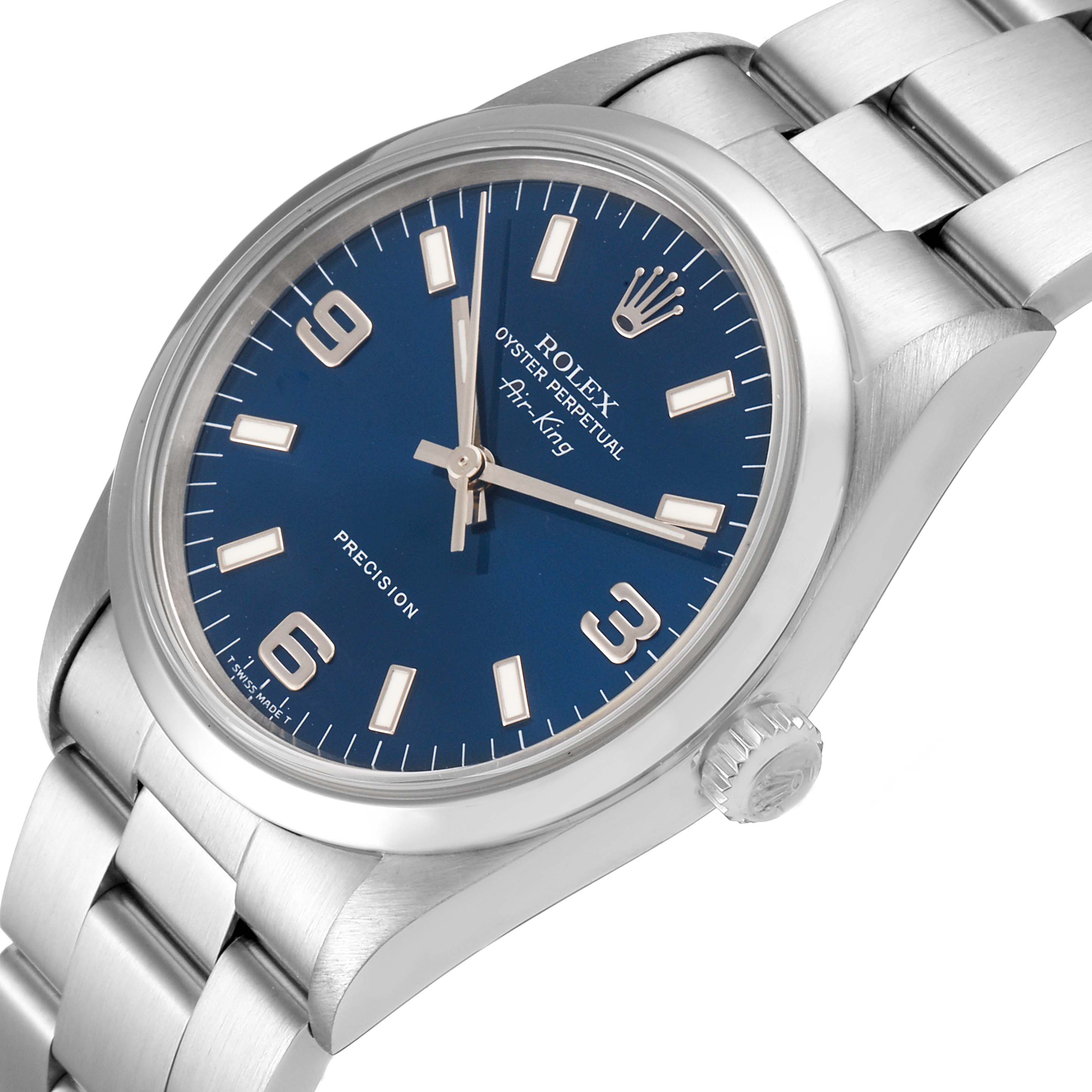 The Rolex Air-King 14000 Men's Stainless Steel Blue Dial 14000 Men's Stainless Steel Blue Dial watch is shown from a slightly tilted angle, highlighting its blue dial, crown, and stainless steel bracelet.