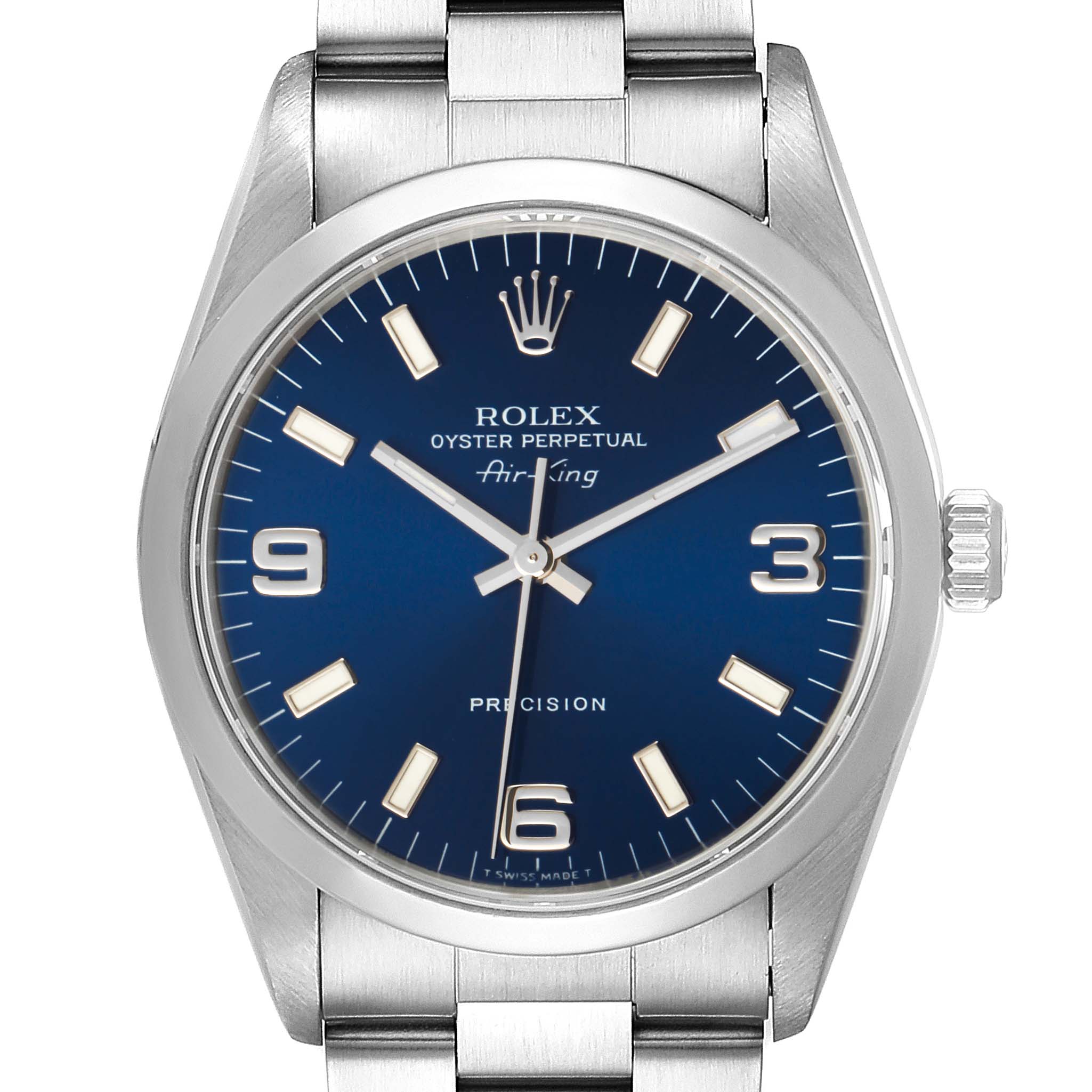 The image shows a front view of a Rolex Air-King 14000 Men's Stainless Steel Blue Dial 14000 Men's Stainless Steel Blue Dial watch, displaying its blue dial, silver bracelet, and crown.