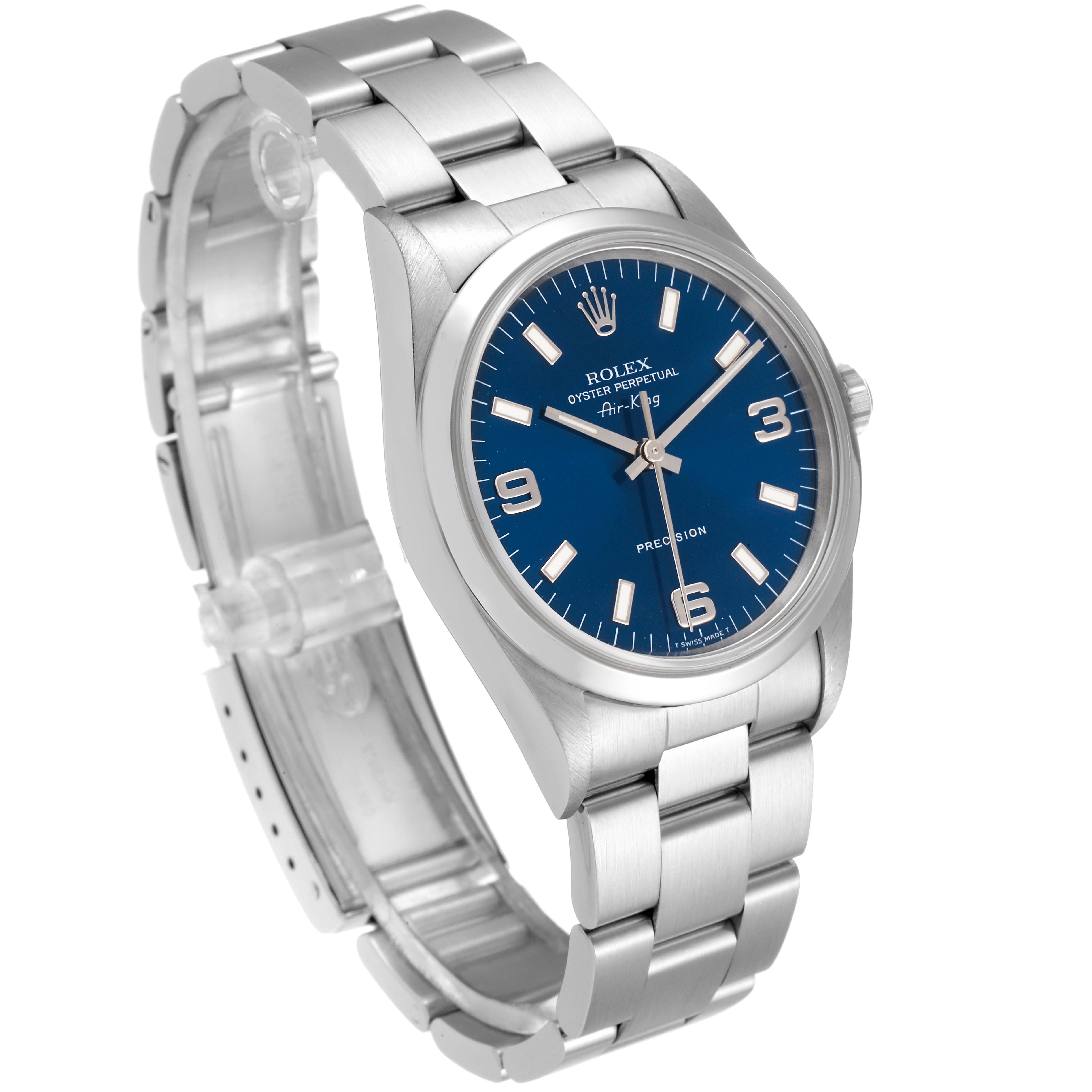 The image shows a Rolex Air-King 14000 Men's Stainless Steel Blue Dial 14000 Men's Stainless Steel Blue Dial watch, displayed at a three-quarter angle, highlighting its blue dial, stainless steel case, and bracelet.