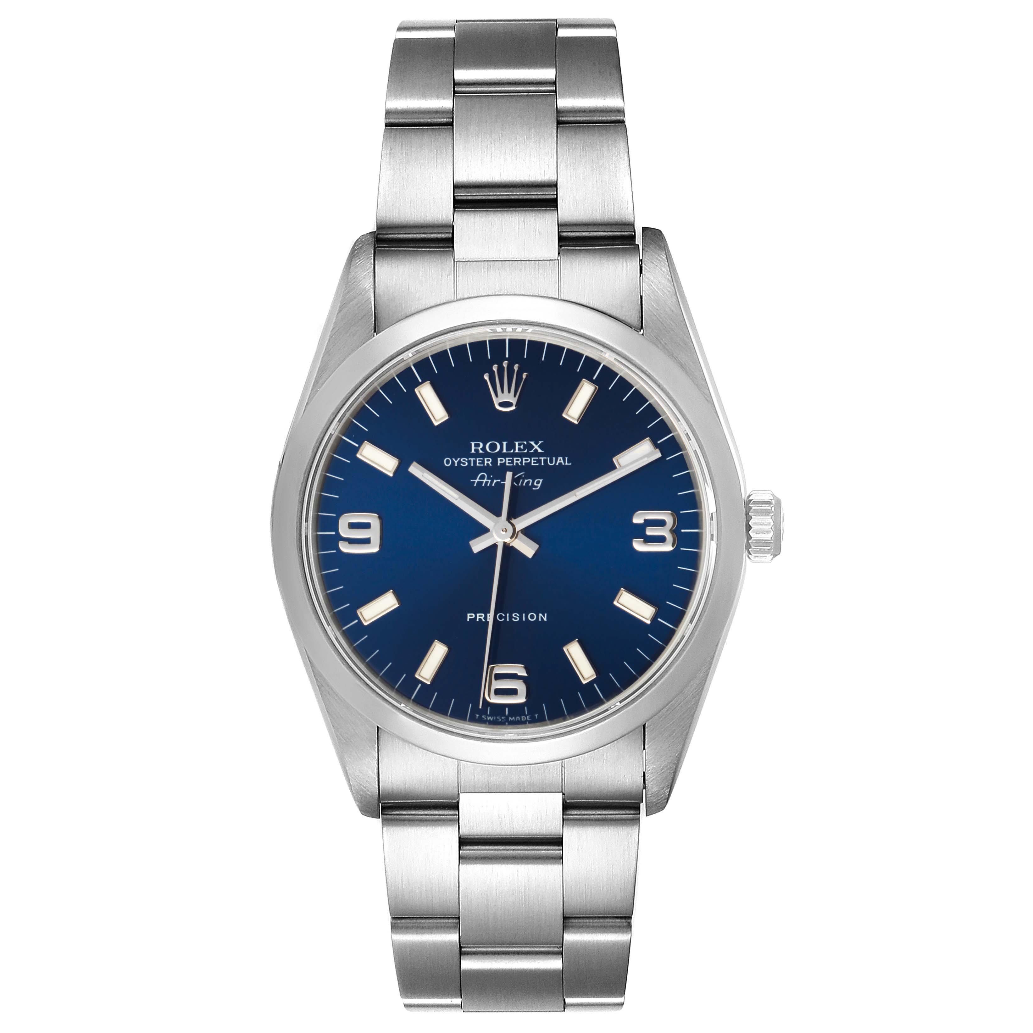 This image shows a front view of the Rolex Air-King 14000 Men's Stainless Steel Blue Dial 14000 Men's Stainless Steel Blue Dial watch, highlighting its face, bezel, and metal bracelet.