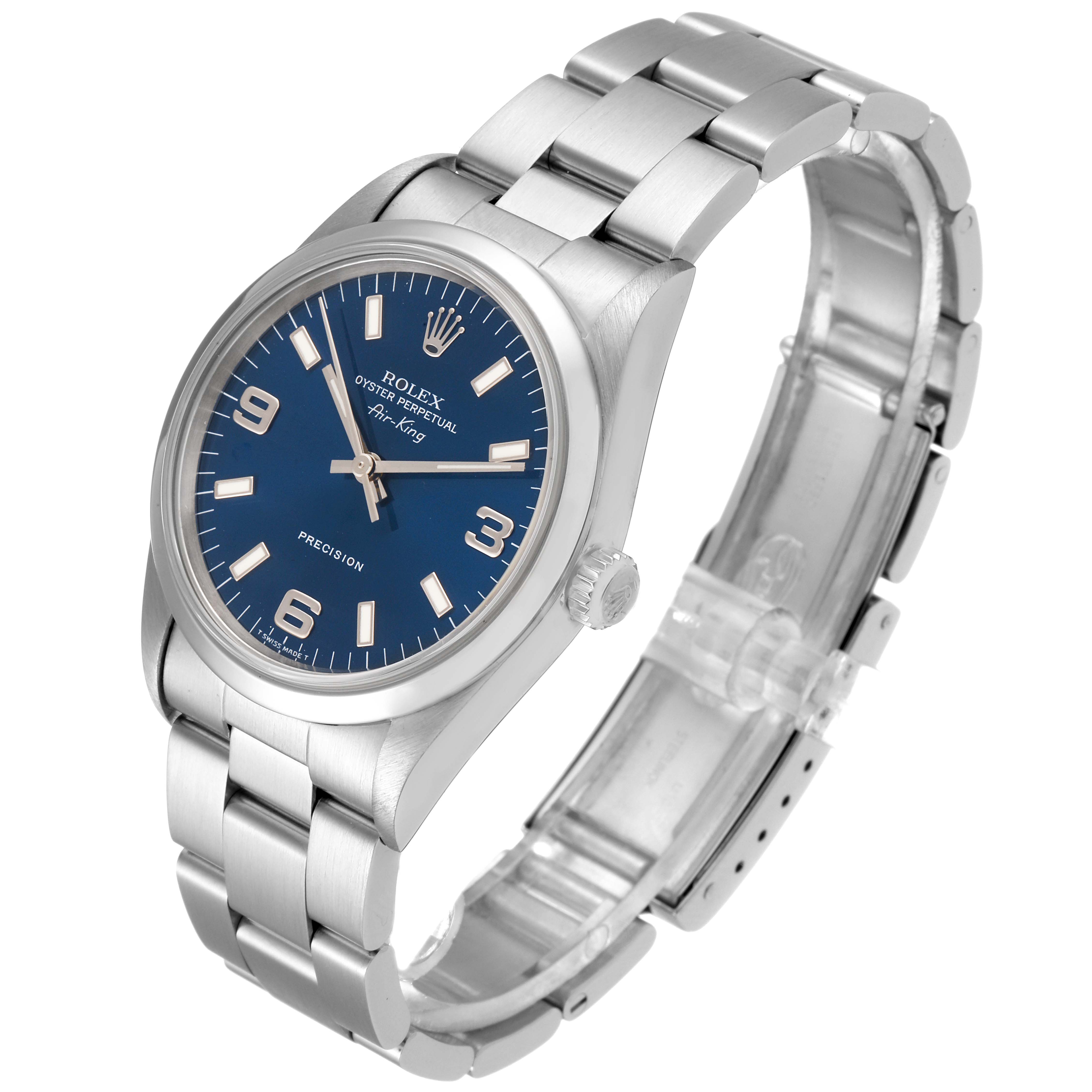 The image shows a Rolex Air-King 14000 Men's Stainless Steel Blue Dial 14000 Men's Stainless Steel Blue Dial watch from a three-quarter angle, highlighting its face, bracelet, and clasp.