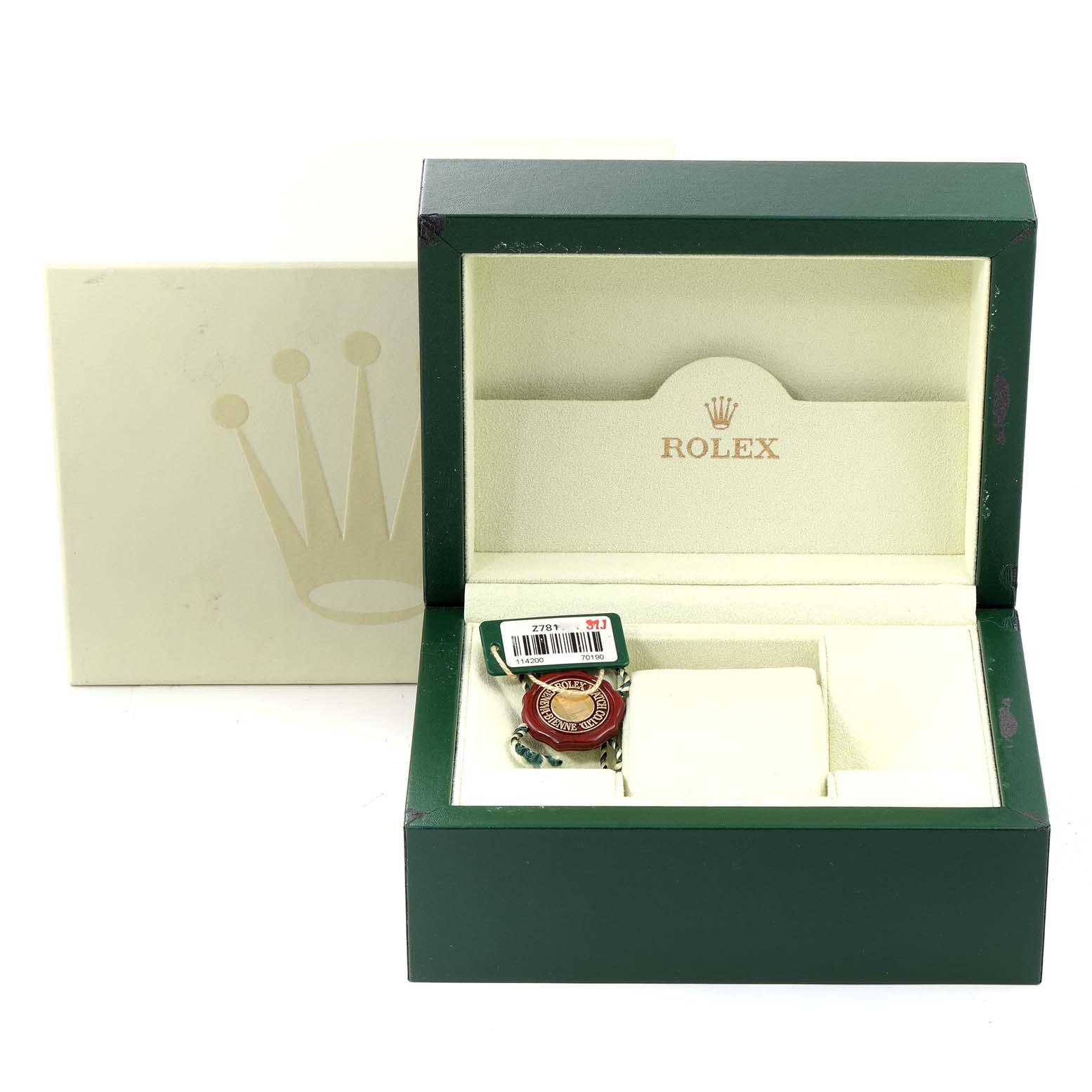 The image shows the open box for a Rolex Air-King 114200 Men's Stainless Steel Blue Dial 114200 Men's Stainless Steel Blue Dial watch, displaying an empty cushion and tags inside.