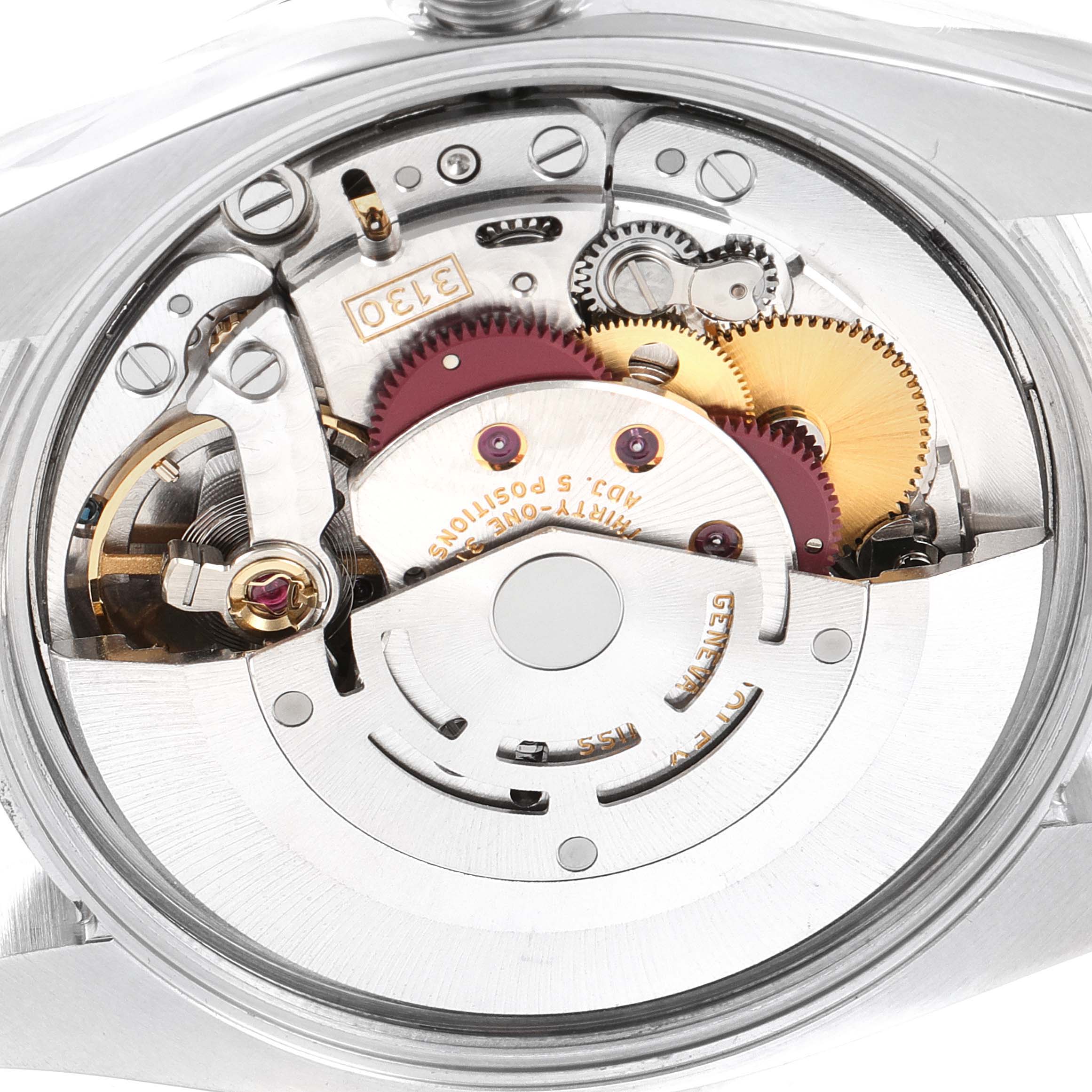 This is a close-up of the Rolex Air-King 114200 Men's Stainless Steel Blue Dial 114200 Men's Stainless Steel Blue Dial watch's movement, showing intricate gears and components through the case back.