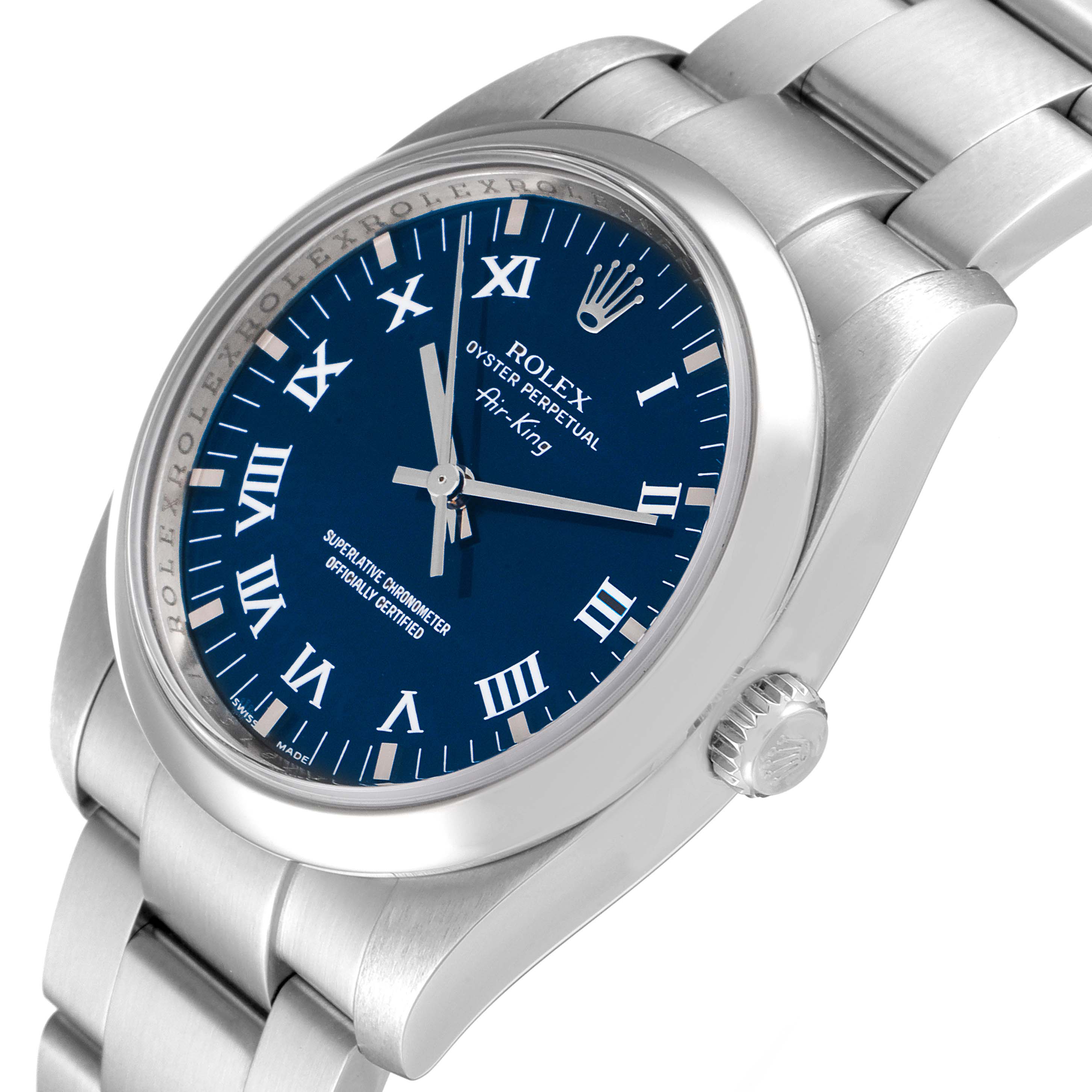 The image shows a side view of a Rolex Air-King 114200 Men's Stainless Steel Blue Dial 114200 Men's Stainless Steel Blue Dial watch, highlighting the bezel, crown, and part of the bracelet.