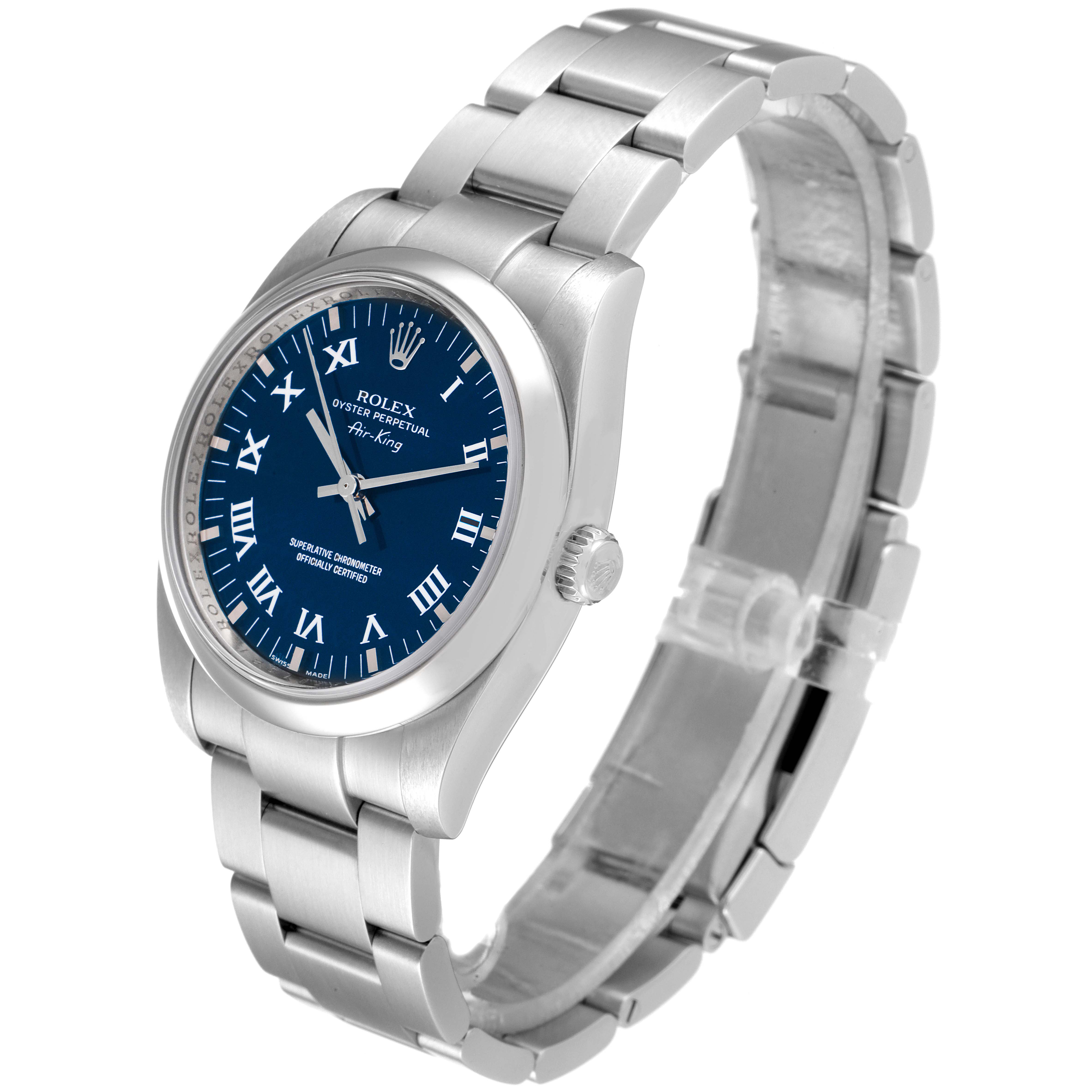 The image shows an angled view of a Rolex Air-King 114200 Men's Stainless Steel Blue Dial 114200 Men's Stainless Steel Blue Dial watch displaying its face, bezel, case, crown, and bracelet.