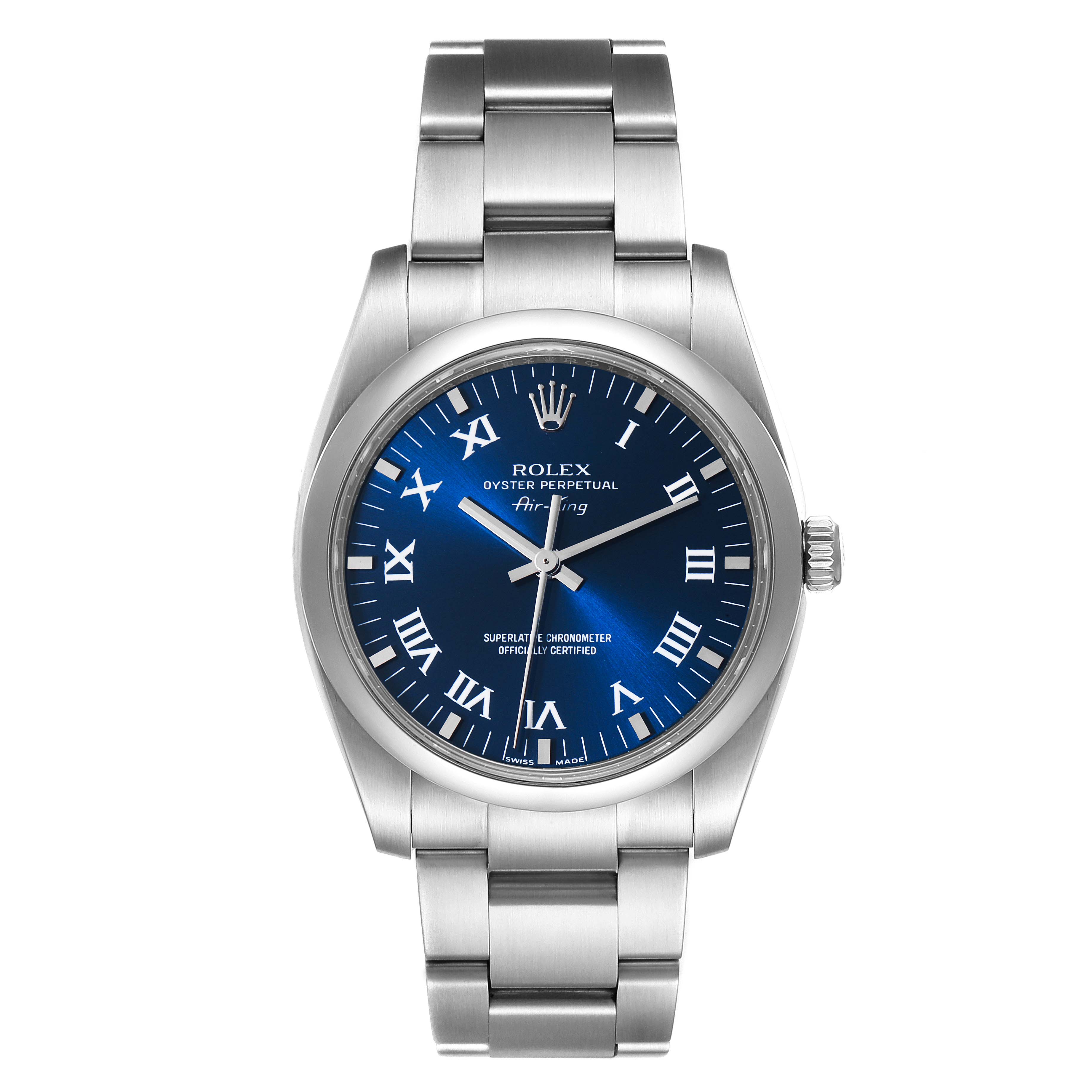 This image shows a front view of a Rolex Air-King 114200 Men's Stainless Steel Blue Dial 114200 Men's Stainless Steel Blue Dial watch, featuring a blue dial with Roman numerals and a stainless steel bracelet.