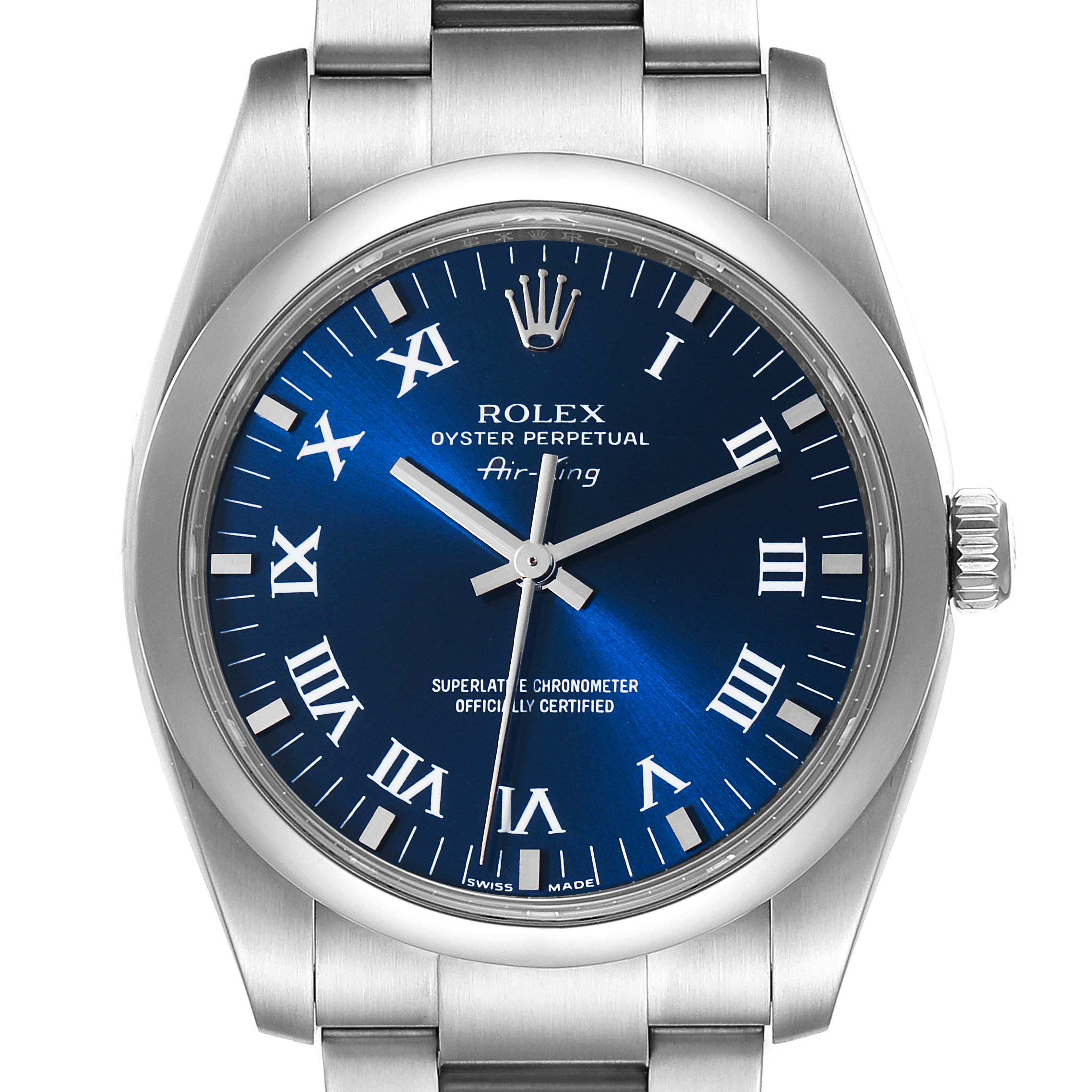 The Rolex Air-King 114200 Men's Stainless Steel Blue Dial 114200 Men's Stainless Steel Blue Dial watch is shown from a front angle, highlighting its blue dial, Roman numeral markers, and stainless steel bracelet.