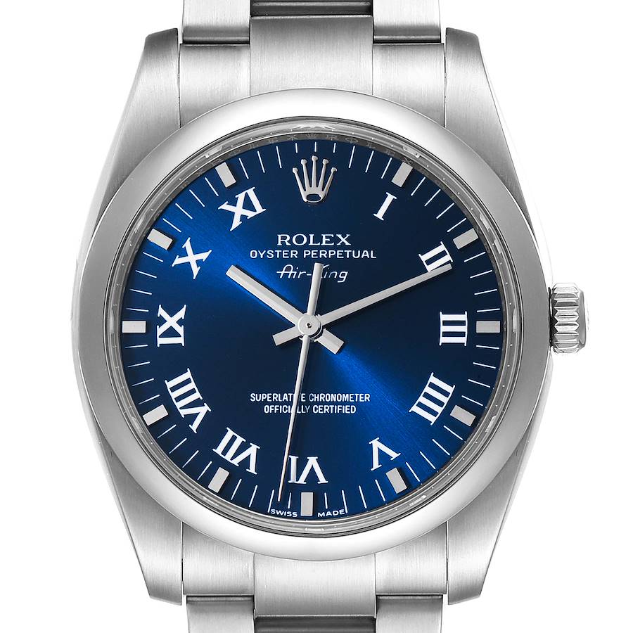 Rolex Air King 34 Blue Roman Dial Domed Bezel Steel Watch 114200 SwissWatchExpo