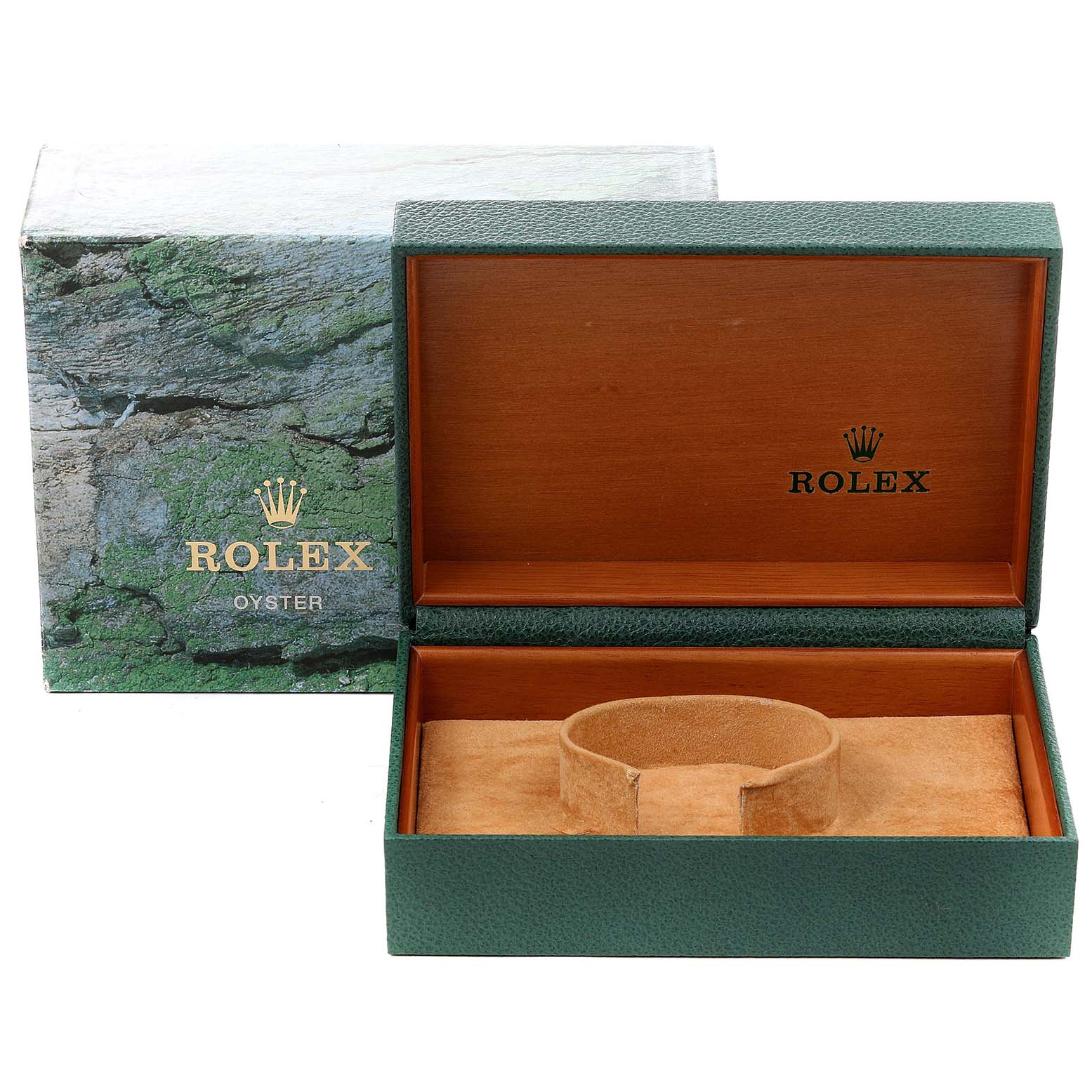The image displays the open green and wooden box for the Rolex Air-King 14010 Men's Stainless Steel Blue Dial 14010 Men's Stainless Steel Blue Dial watch, showcasing its interior compartment and cushion.