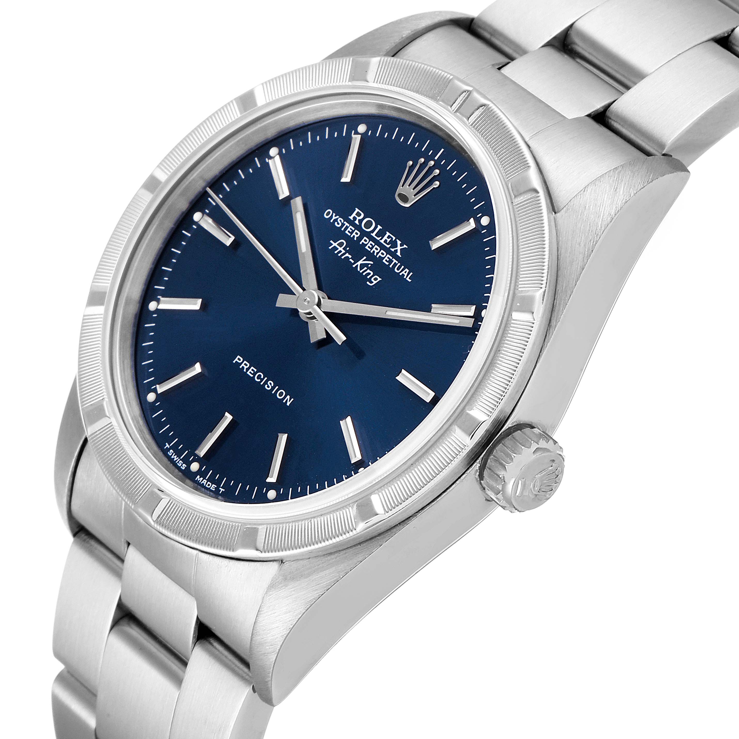 The image shows a close-up angled view of a Rolex Air-King 14010 Men's Stainless Steel Blue Dial 14010 Men's Stainless Steel Blue Dial watch, highlighting the dial, bezel, crown, and bracelet.