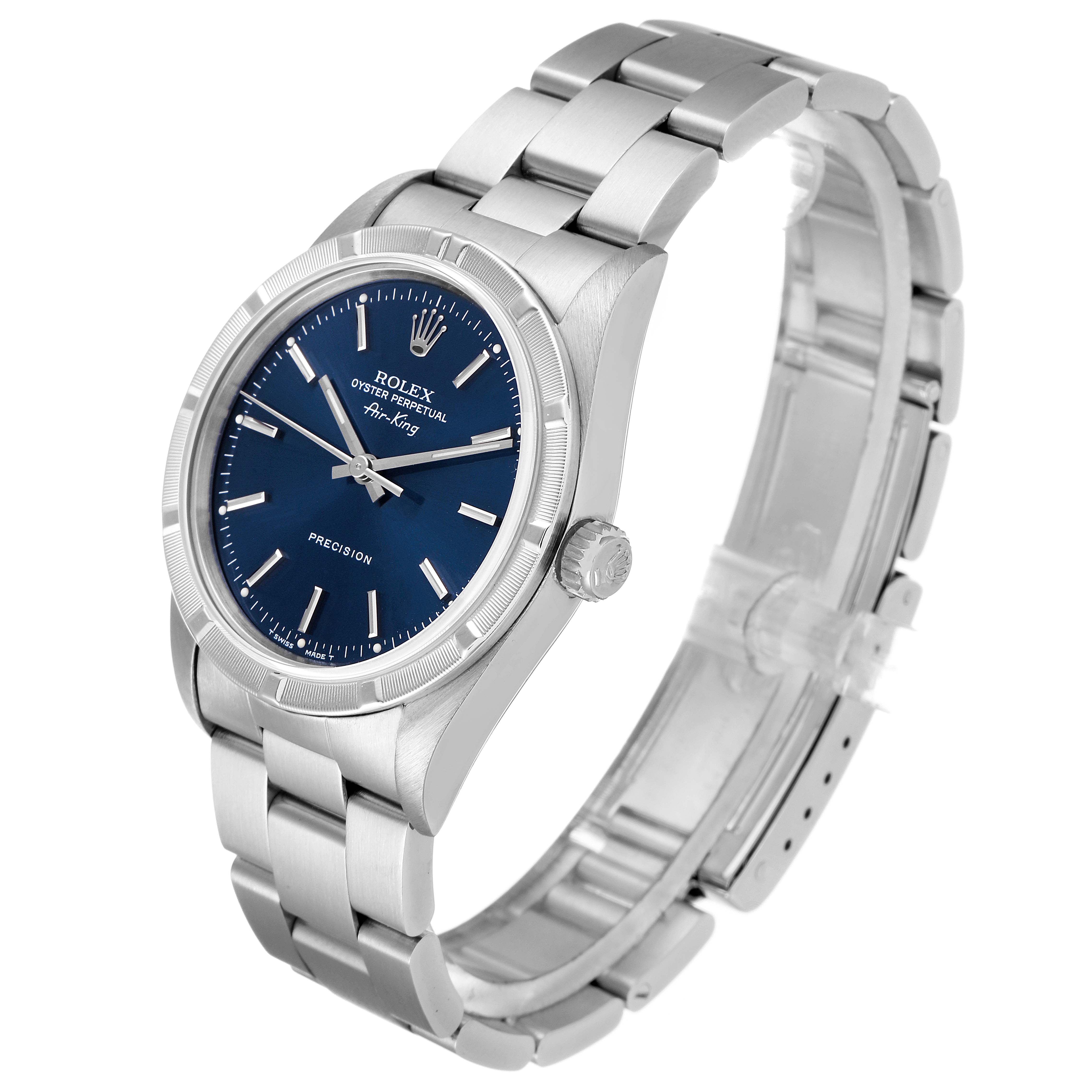 The Rolex Air-King 14010 Men's Stainless Steel Blue Dial 14010 Men's Stainless Steel Blue Dial watch is shown at an angled view displaying the face, crown, and bracelet.