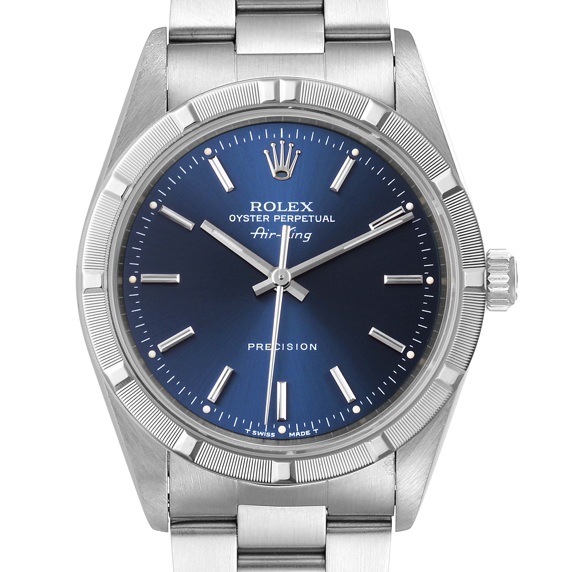 The image shows a Rolex Air-King 14010 Men's Stainless Steel Blue Dial 14010 Men's Stainless Steel Blue Dial watch face, crown, and part of the bracelet from a top-down angle.