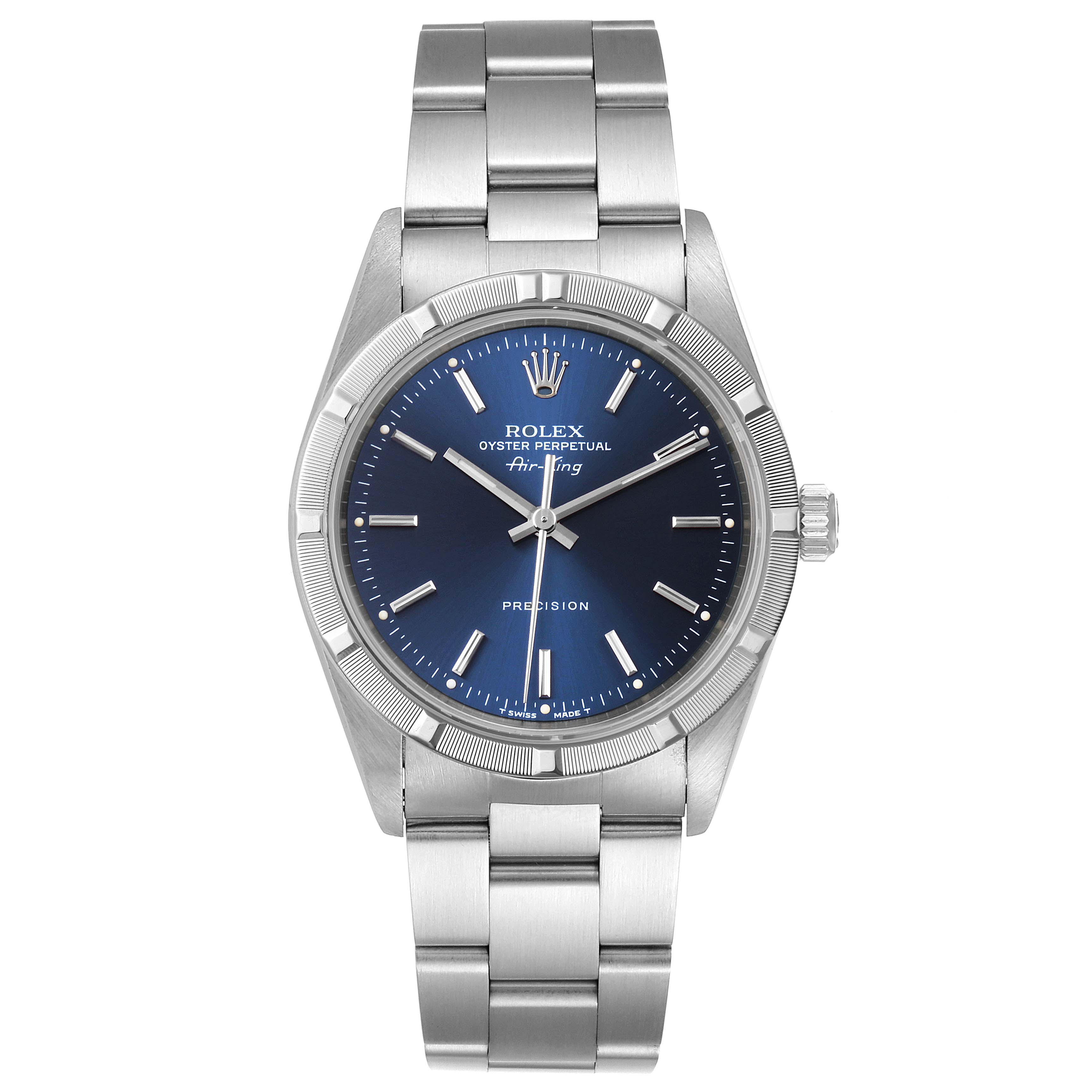 The image shows a front view of a Rolex Air-King 14010 Men's Stainless Steel Blue Dial 14010 Men's Stainless Steel Blue Dial watch, highlighting its blue dial, stainless steel bracelet, and crown.