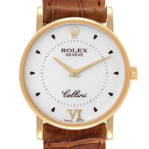 Photo of Rolex Cellini Classic Yellow Gold Silver Dial Brown Strap Mens Watch 5115