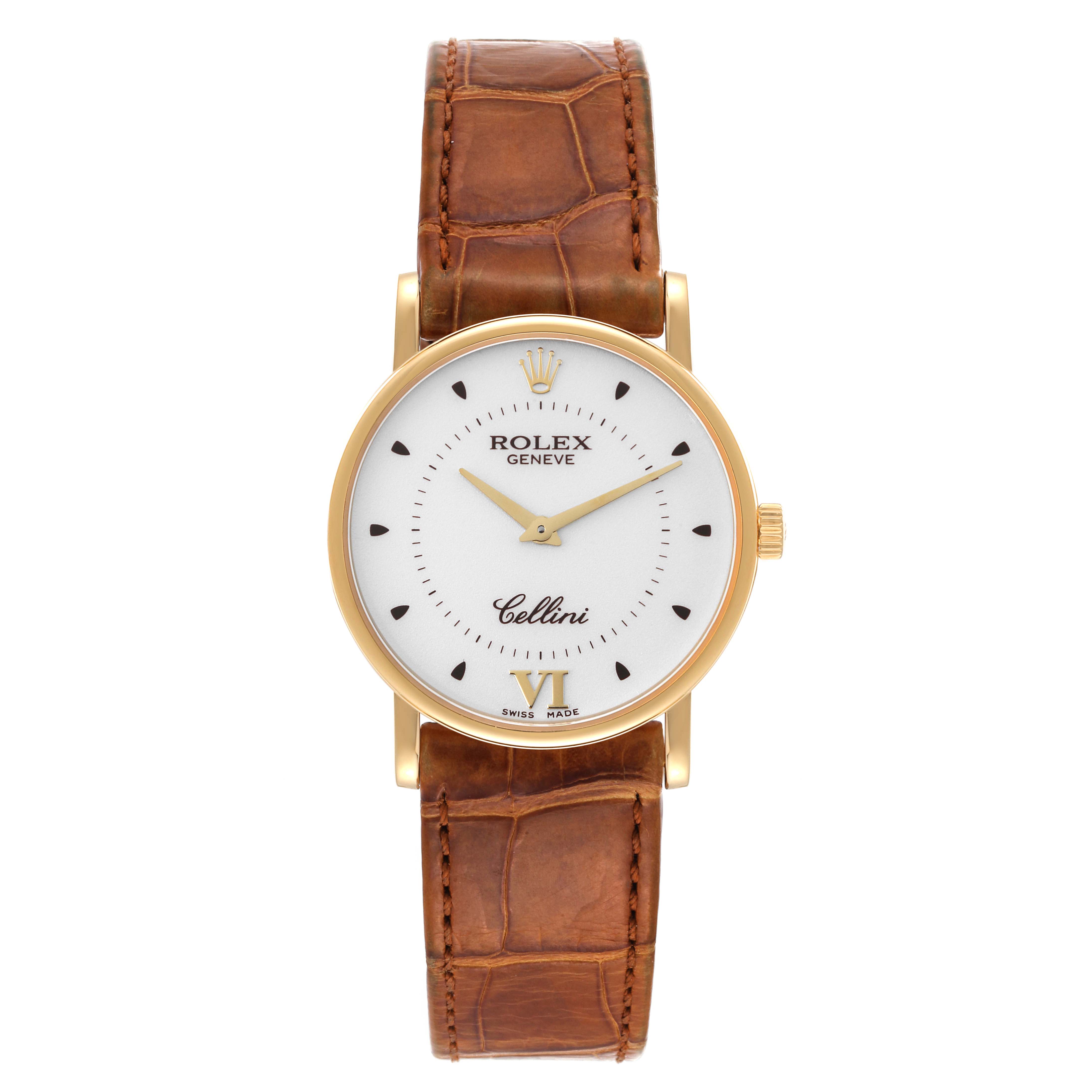 This image shows a front view of a Rolex Cellini 5115 Men's Yellow Gold Silver Dial 5115 Men's Yellow Gold Silver Dial watch with a white dial, gold casing, and brown leather strap.