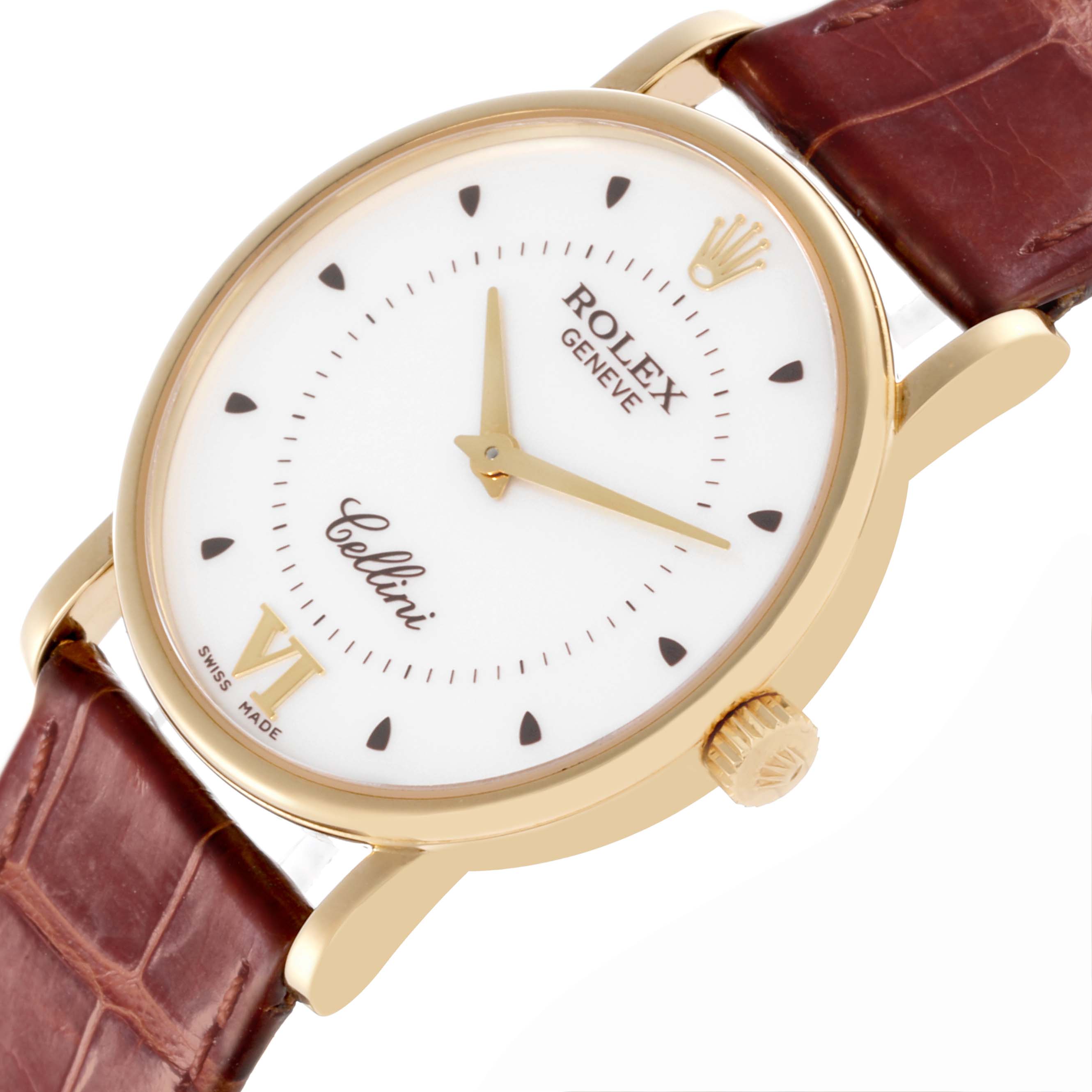 The Rolex Date 5115 Men's Yellow Gold Silver Dial 5115 Men's Yellow Gold Silver Dial model is shown at a slight angle, showcasing the face, crown, and part of the leather strap.