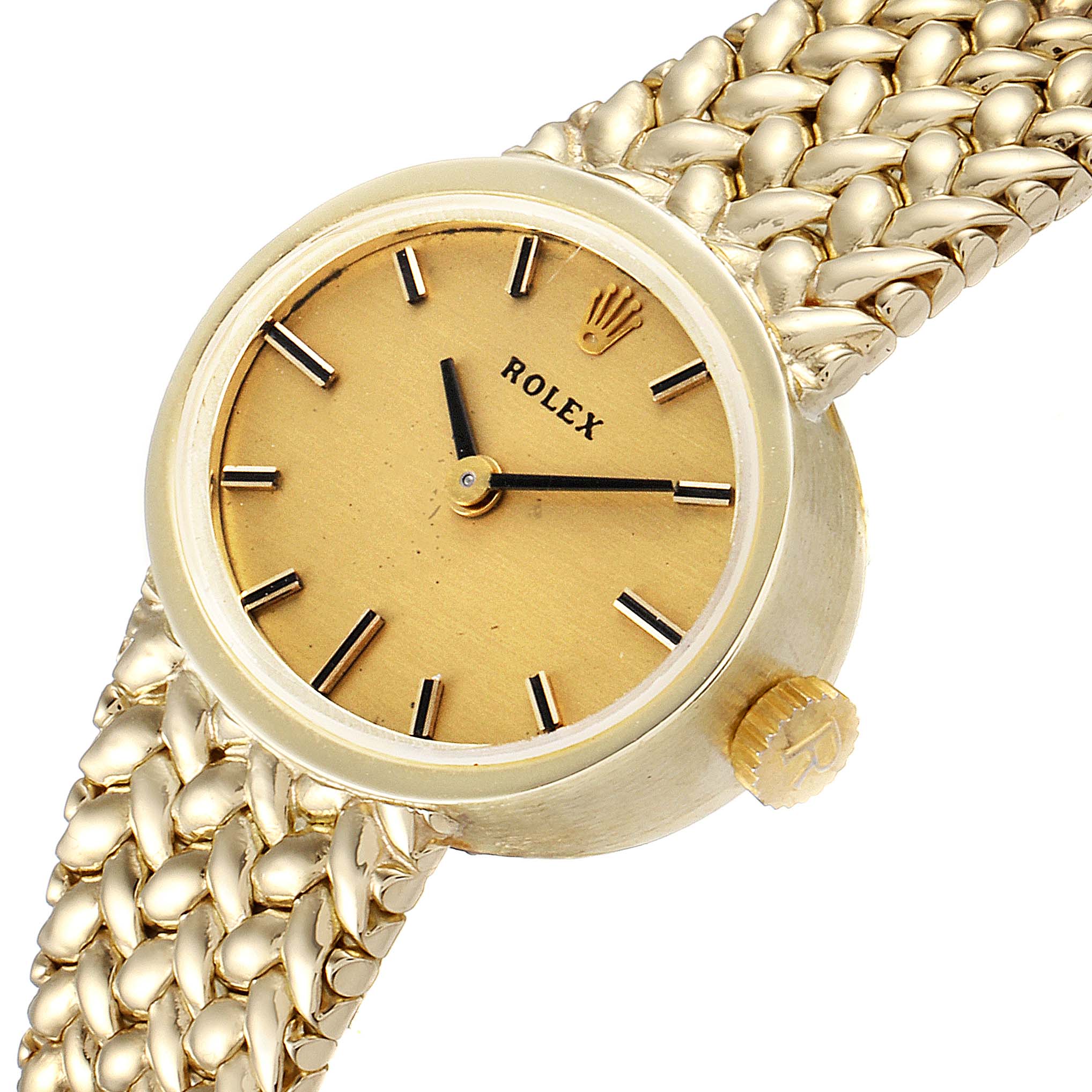 This image shows a close-up angled view of the Rolex Cocktail  Women
s Yellow Gold Champagne Dial  Women
s Yellow Gold Champagne Dial model watch, highlighting the dial, bezel, crown, and part of the bracelet.