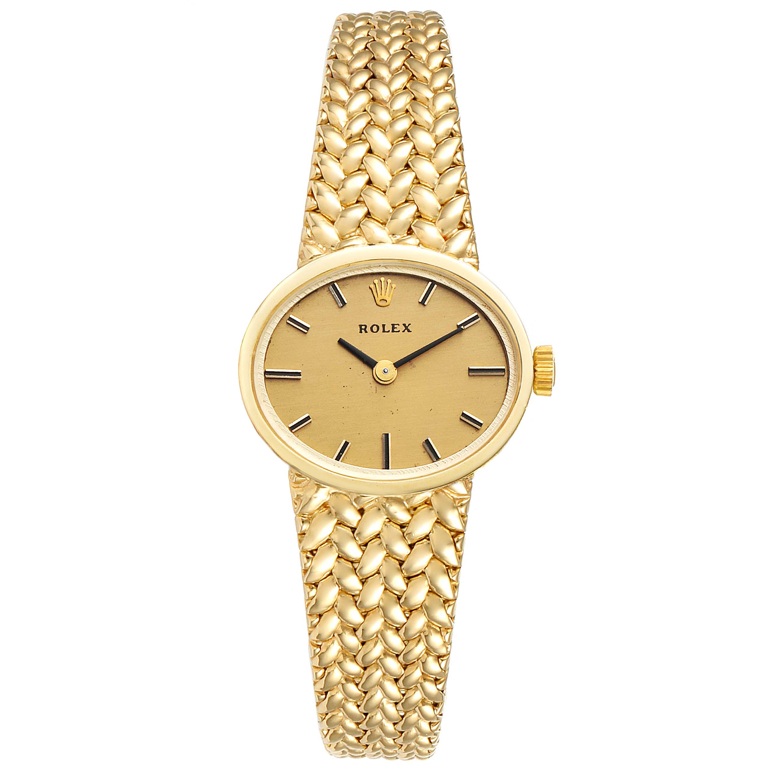 The image shows a front view of the Rolex Cocktail  Women
s Yellow Gold Champagne Dial  Women
s Yellow Gold Champagne Dial model watch, highlighting its gold face, bracelet, and crown.