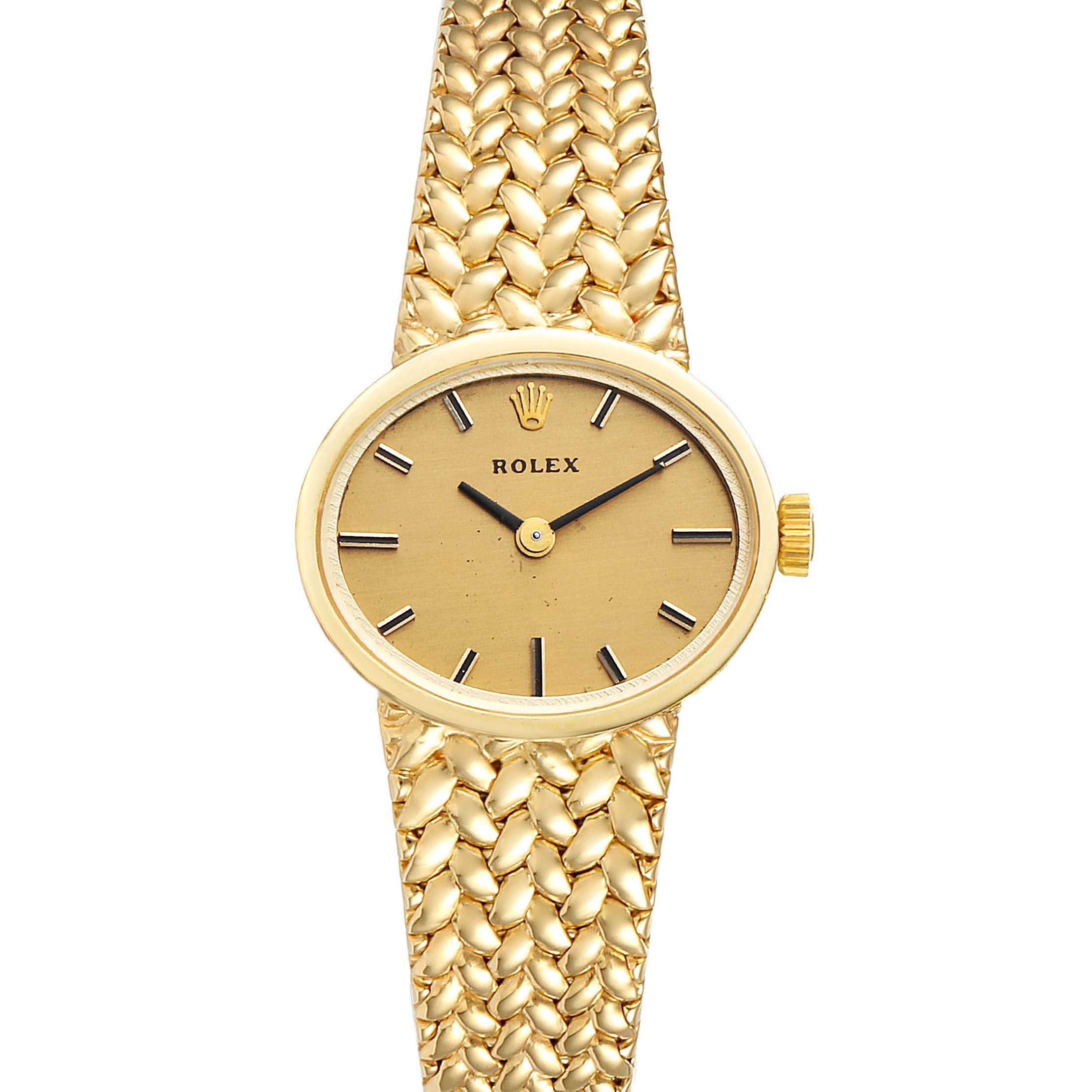 This image shows a front view of the Rolex Cocktail  Women
s Yellow Gold Champagne Dial  Women
s Yellow Gold Champagne Dial model watch, displaying its gold dial and woven band.