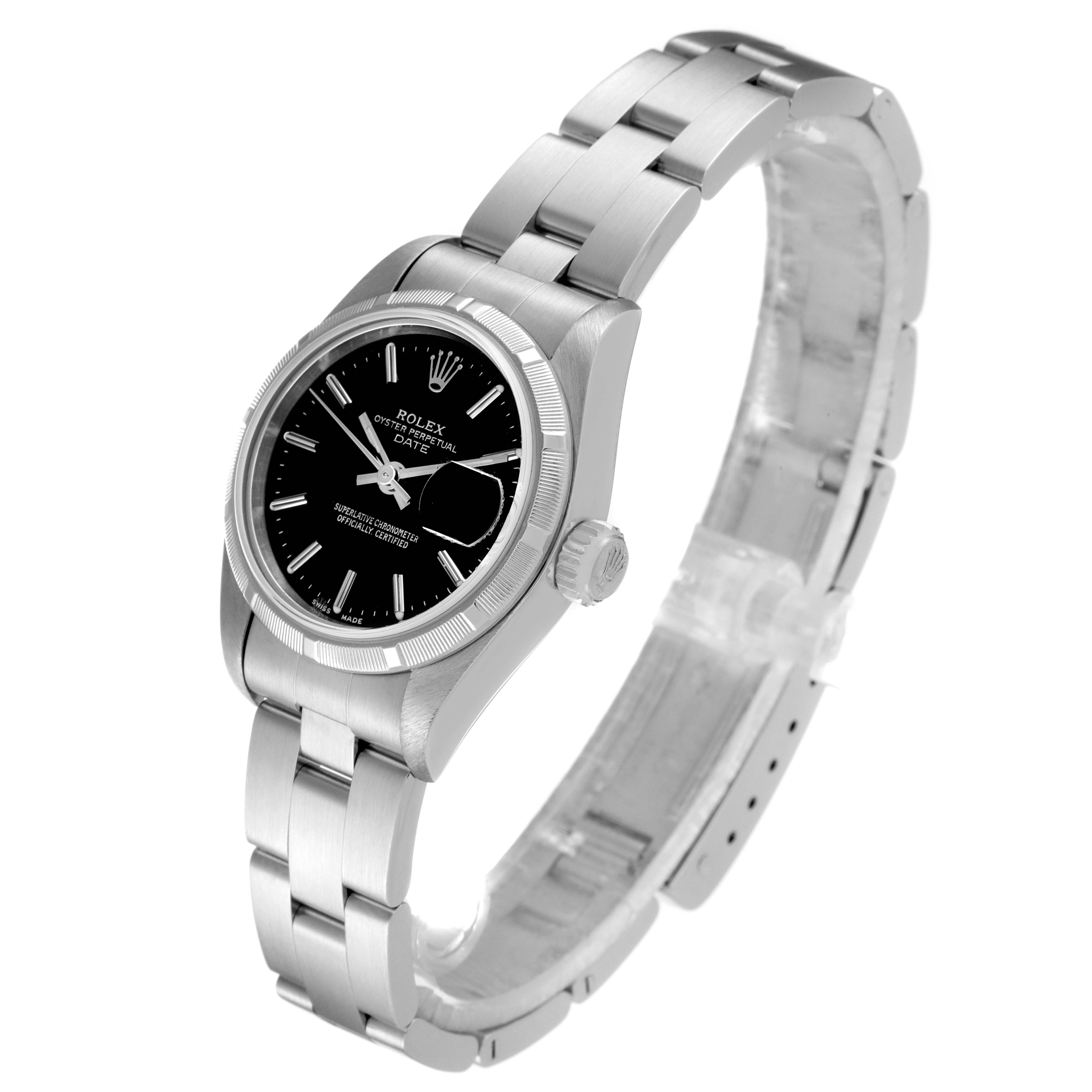 The image shows a Rolex Date 79190 Women's Stainless Steel Black Dial 79190 Women's Stainless Steel Black Dial watch at an angled side view, displaying its bracelet, dial, crown, and case.