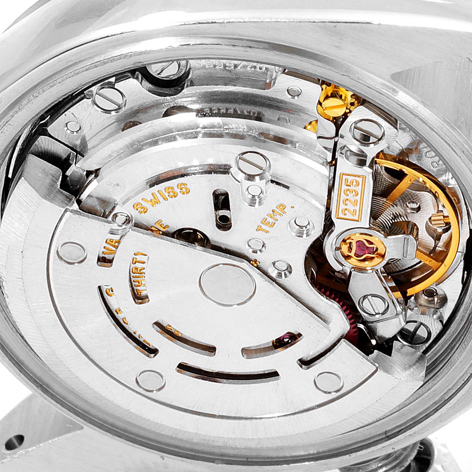 This image shows the internal mechanical movement of the Rolex Date 79190 Women's Stainless Steel Black Dial 79190 Women's Stainless Steel Black Dial model watch viewed from the back.