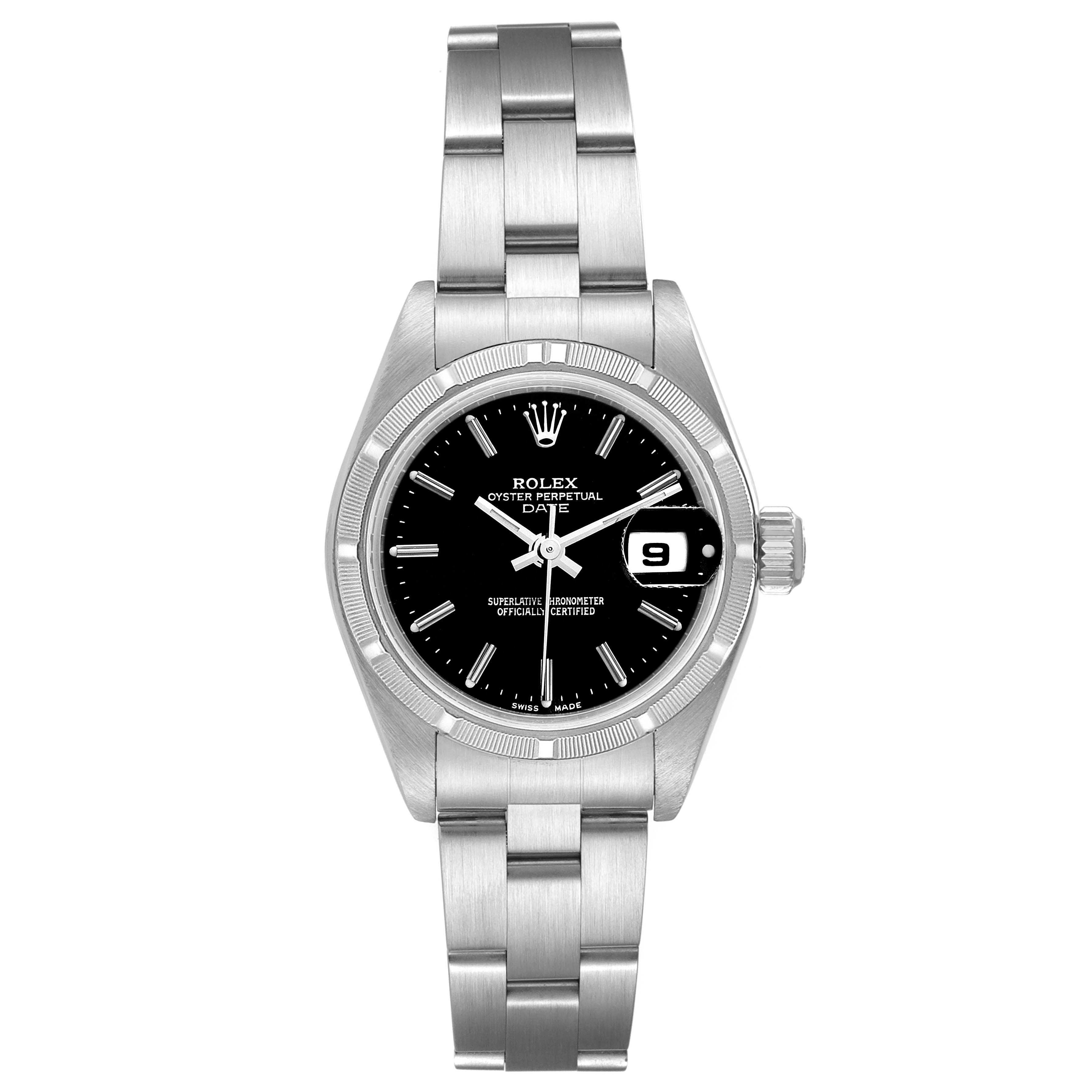 The image shows a front view of the Rolex Date 79190 Women's Stainless Steel Black Dial 79190 Women's Stainless Steel Black Dial model watch, displaying the face, bracelet, and date window.