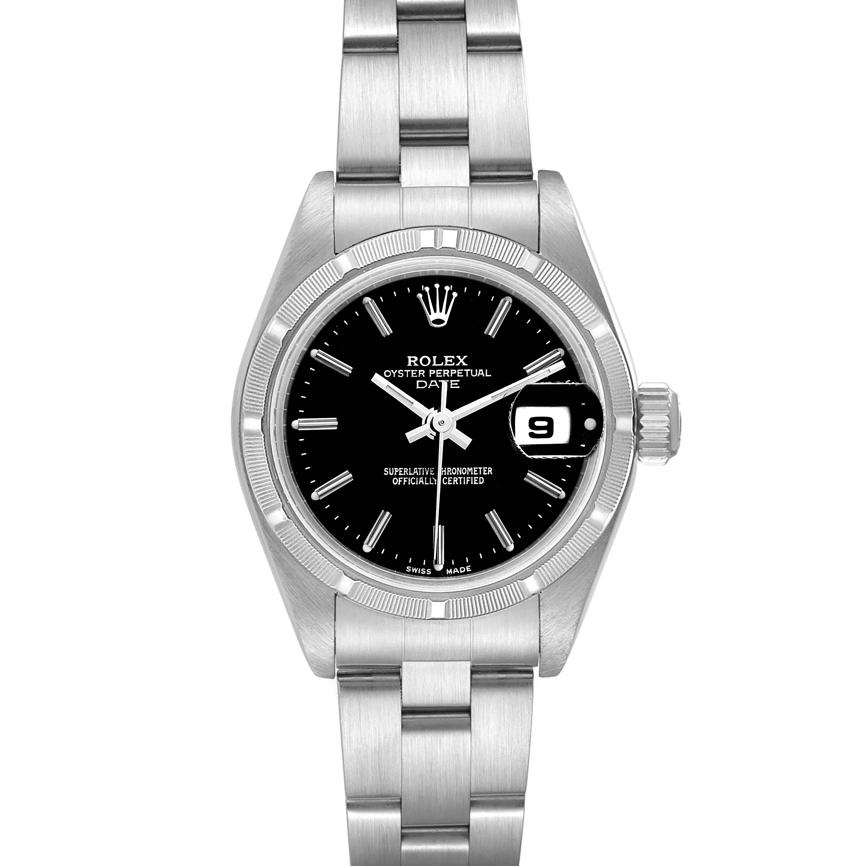 The image shows a front-facing view of a Rolex Date 79190 Women's Stainless Steel Black Dial 79190 Women's Stainless Steel Black Dial model watch, featuring its dial, bezel, bracelet, and crown.