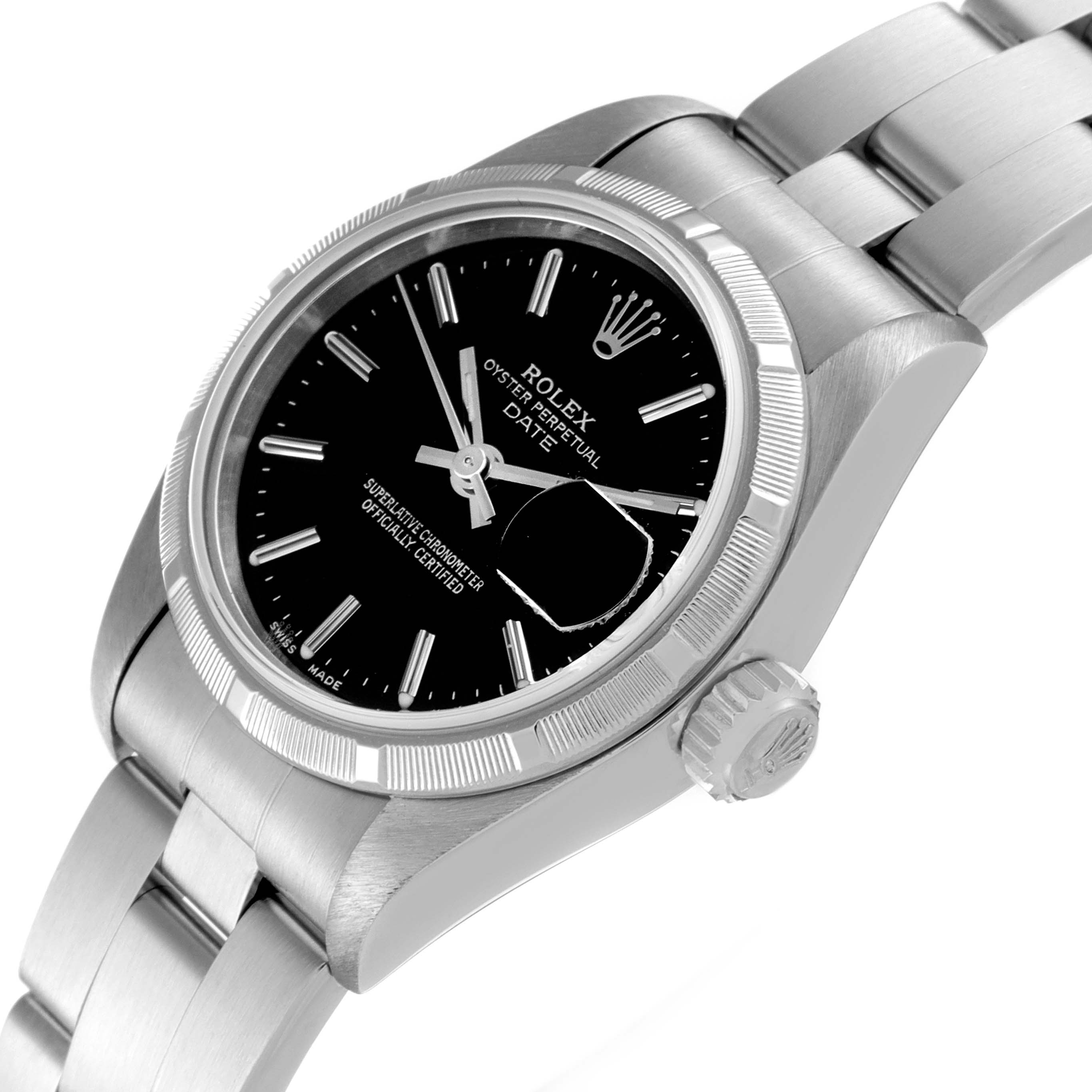 The image shows a Rolex Oyster Perpetual Date watch at an angled view highlighting the face, bezel, crown, and part of the bracelet.