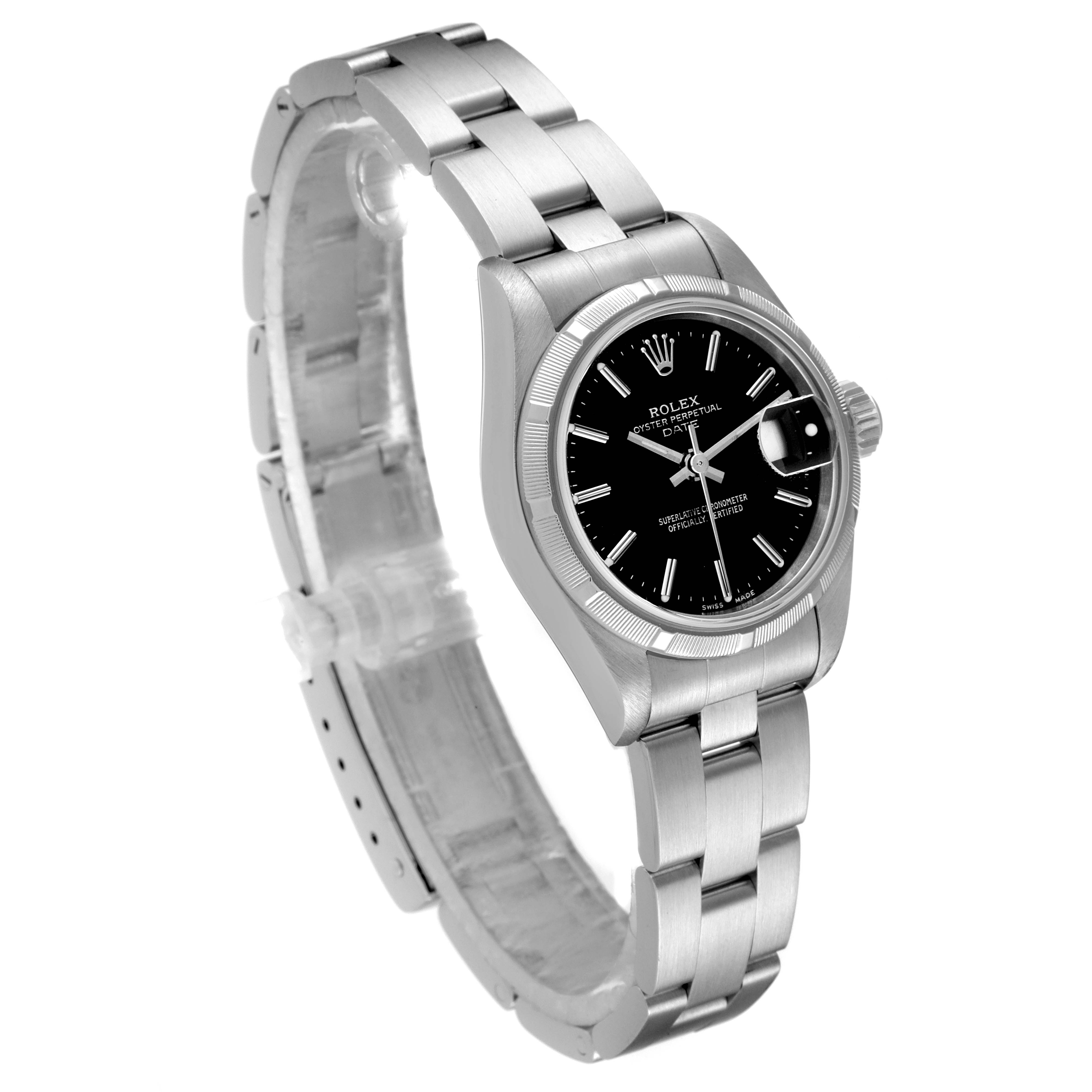 The image shows a side angle of the Rolex Date 79190 Women's Stainless Steel Black Dial 79190 Women's Stainless Steel Black Dial model watch, highlighting its bezel, dial, and metal bracelet band.