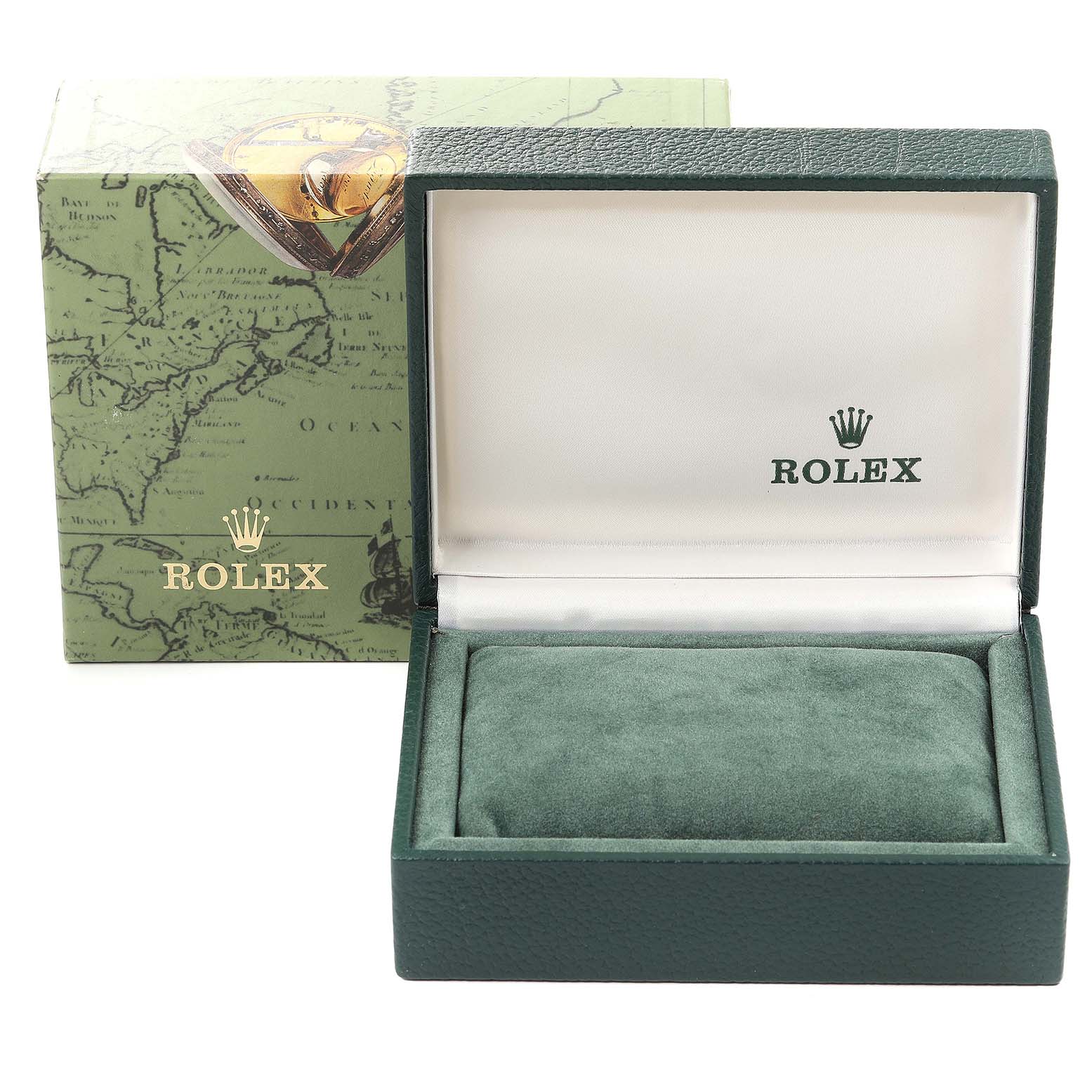 The image shows an open Rolex Date 79190 Women's Stainless Steel Black Dial 79190 Women's Stainless Steel Black Dial model watch box and the outer packaging from a slightly elevated front angle.